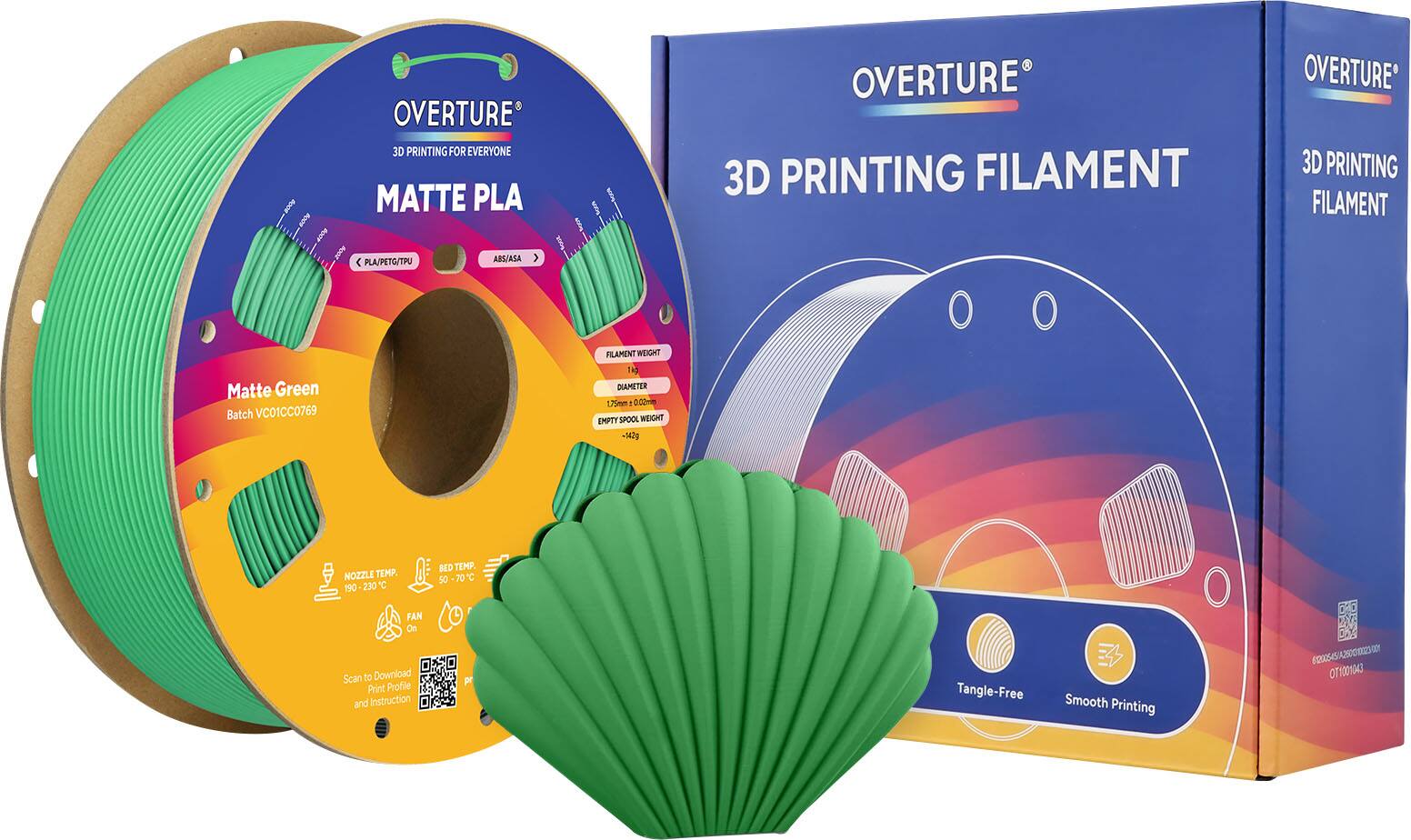 OVERTURE 3D PRINTING FOR EVERYONE  
MATTE PLA OVERTURE 3D PRINTING FILAMENT  
PLA/PETG/TPU ABS/ASA  

Matte Green  
Batch VC01CC0769  

FLAMENT WEIGHT  
1.75mm 0.00mm  

EMPTY SPOOL WEIGHT  
-342g  

NOZZLE TEMP.  
190-230°C  

BED TEMP.  
50-70°C  

FAN On  

Scan to Download Print Profile and Instruction  

Tangle-Free Smooth Printing  

00545/A25003/OT1001043