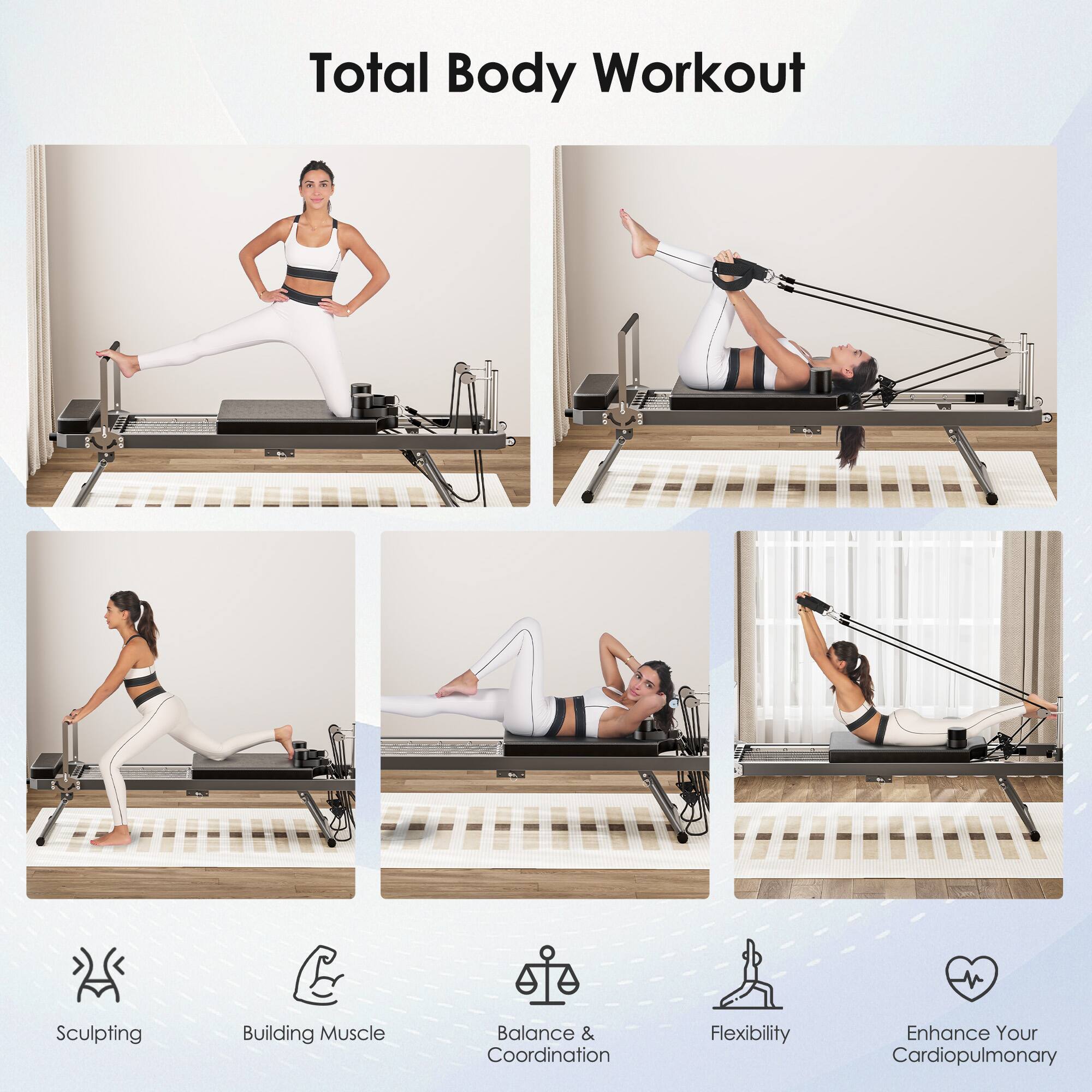 Total Body Workout

- Sculpting
- Building Muscle
- Balance & Coordination
- Flexibility
- Enhance Your Cardiopulmonary