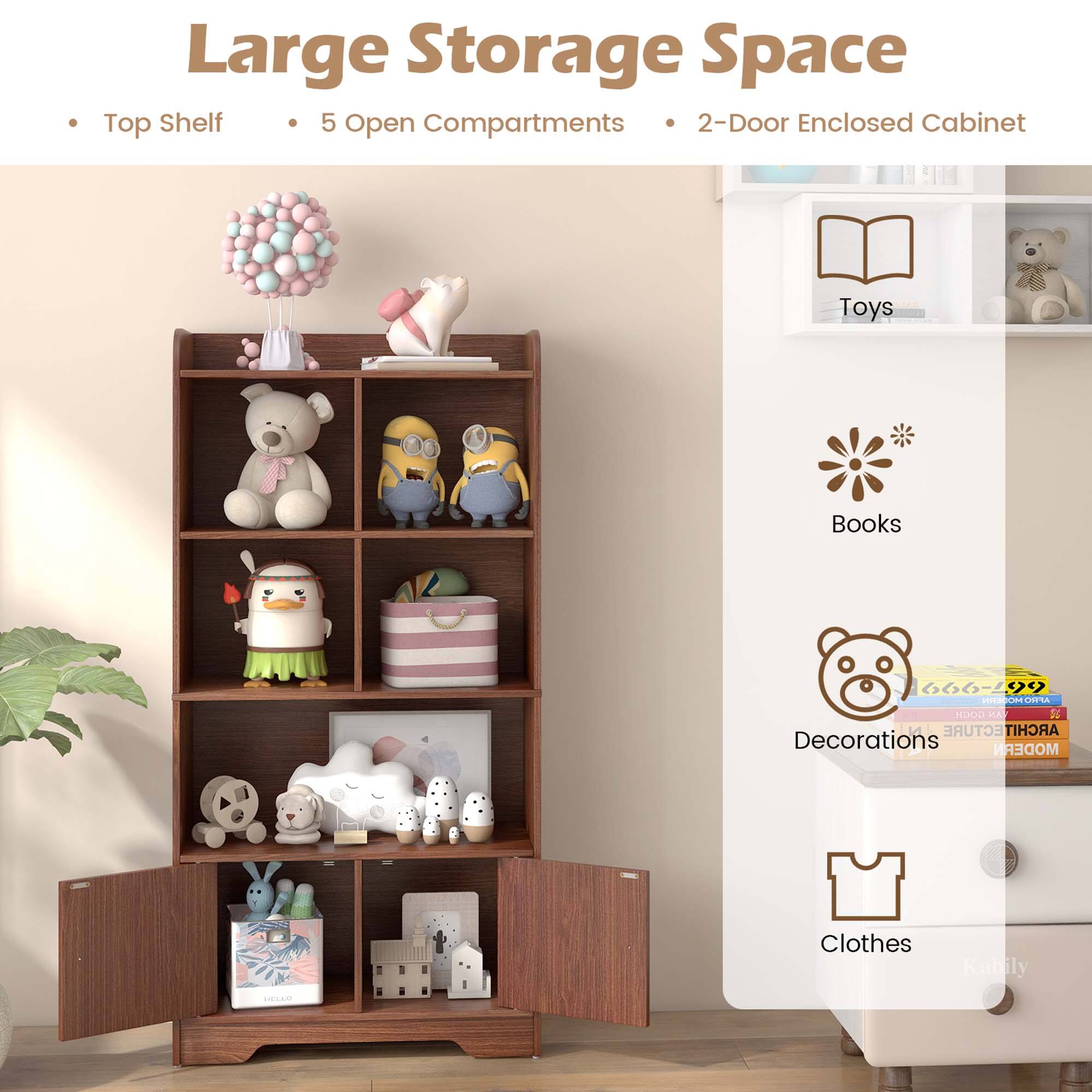 Large Storage Space:
- Top Shelf: 5 Open Compartments
- 2-Door Enclosed Cabinet
- Toys
- Books
- Decorations
- Modern
- Clothes
- Architecture
- Kabily HSAN