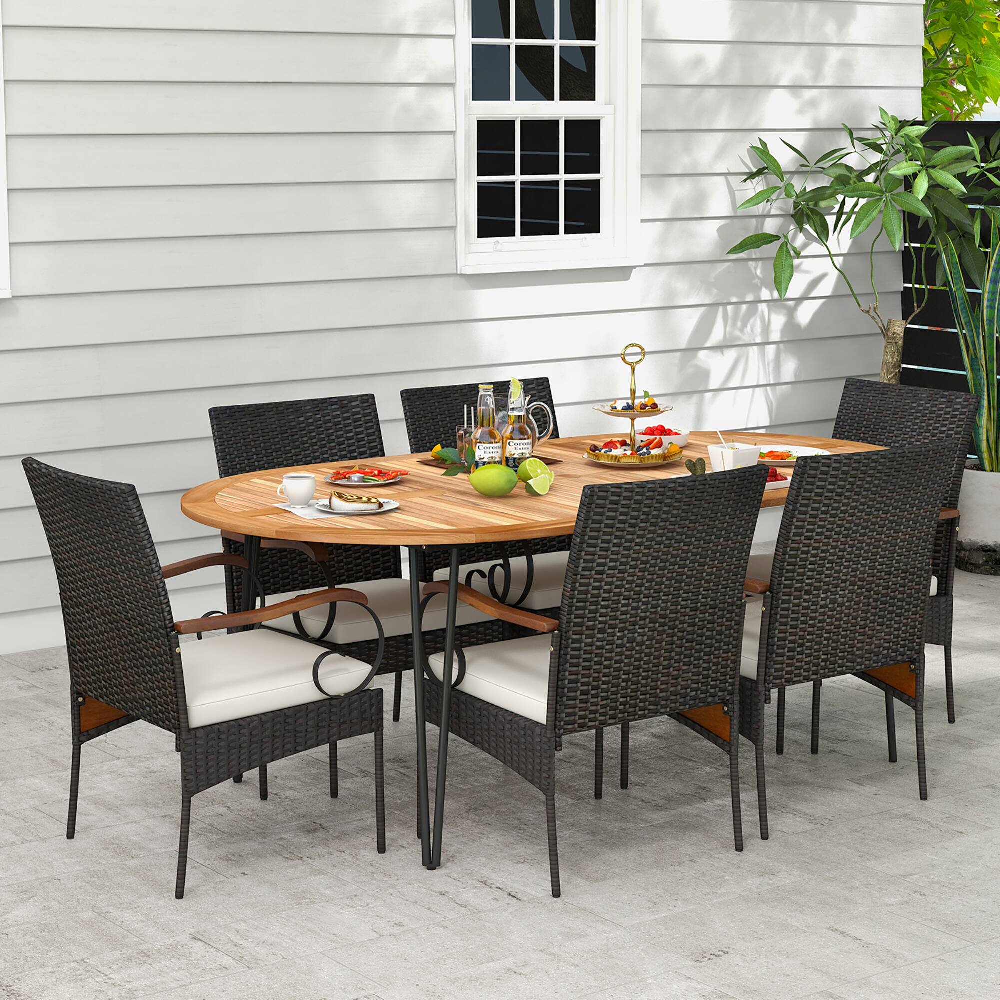 Alt View 1. Gymax - Gymax 9 PCS Acacia Wood Table & 8 Patio Wicker Armchairs Patio Rattan Dining Set - Mix Brown, Off White.