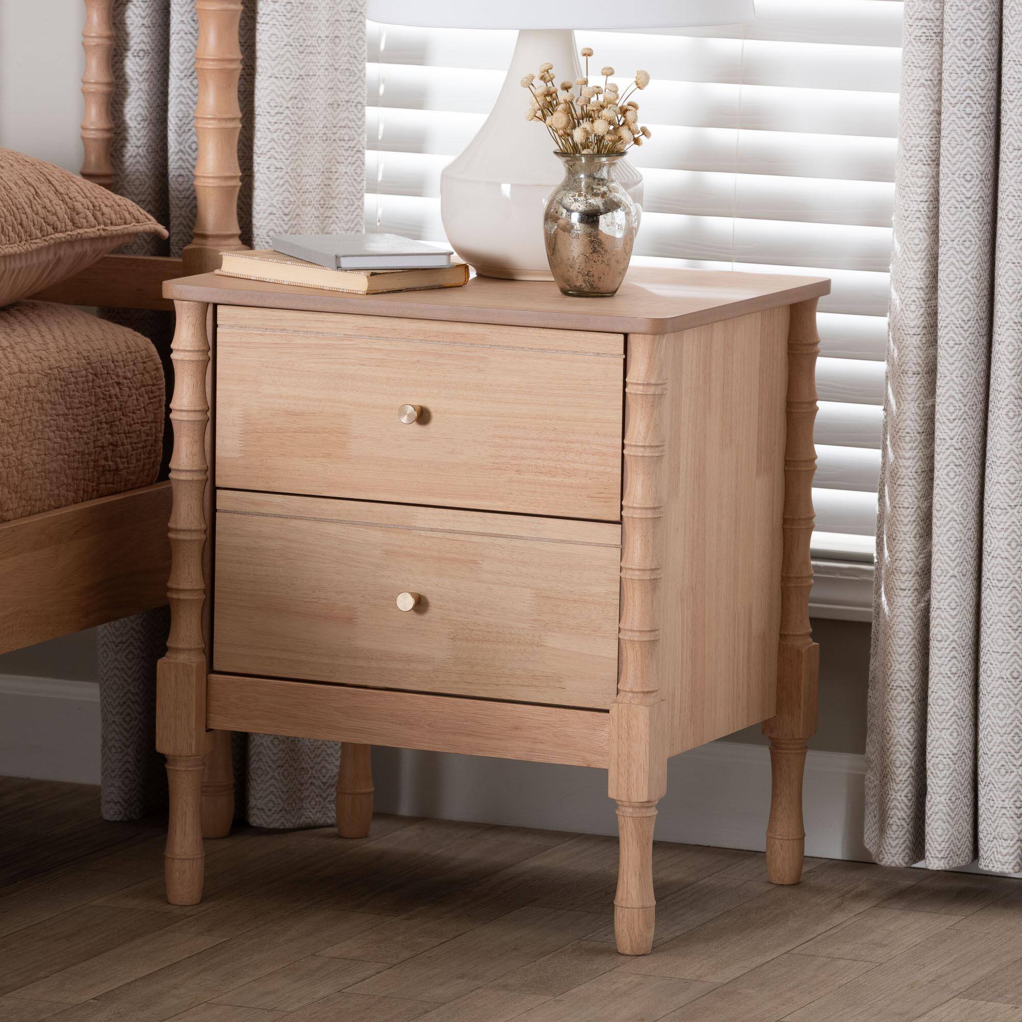 Alt View 4. Baxton Studio - Baxton Studio Laurent Nightstand - 2-Drawer Bedside Table with Bamboo-Style Turned Legs - Beech Brown.