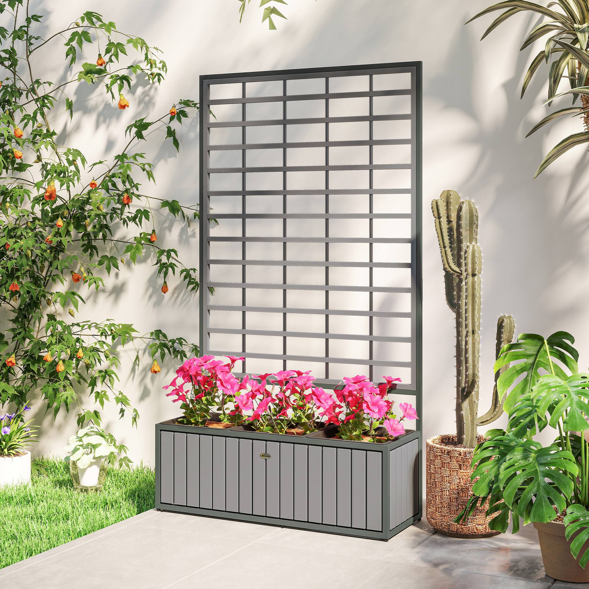 Alt View 7. Outsunny - Wooden Raised Garden Bed with Trellis, Removable Pots, Drainage Holes for Climbing Vines, Vegetables, Flowers - Gray.