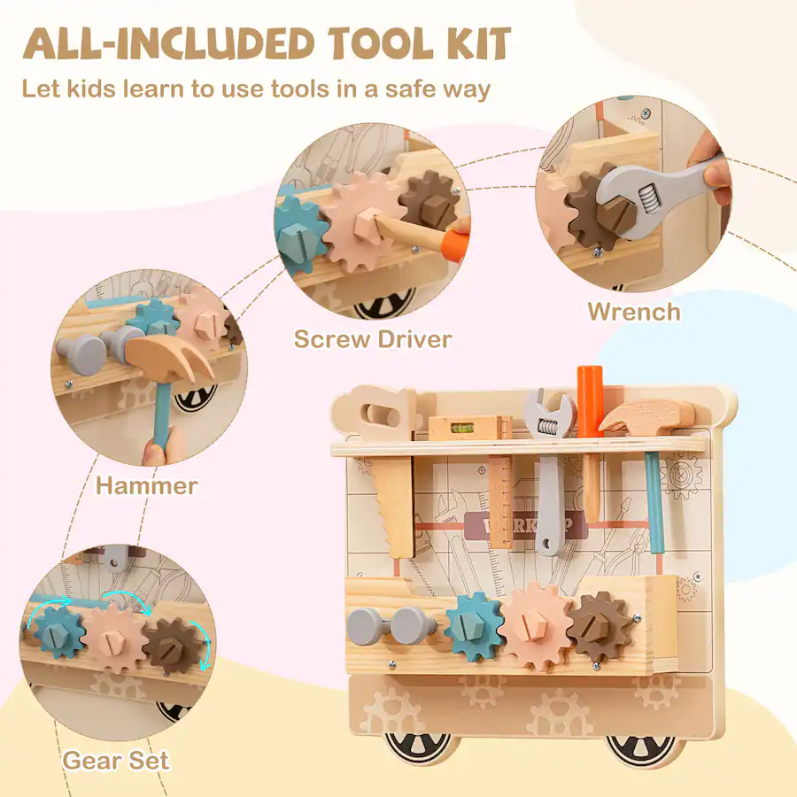 Gymax Wooden Sensory Wall Panel for Kids w/ Vanity Tool Box Play ...