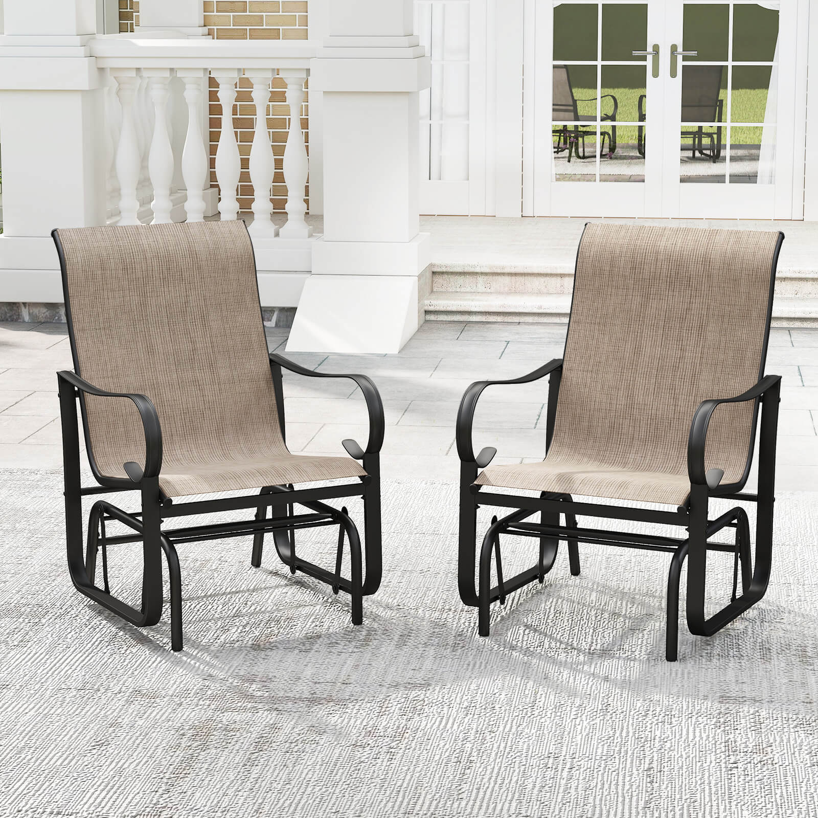 Alt View 4. Costway - Costway Outdoor Glider Chairs Set of 2 with High Backrest Mesh Fabric Metal Frame for Porch - Brown.
