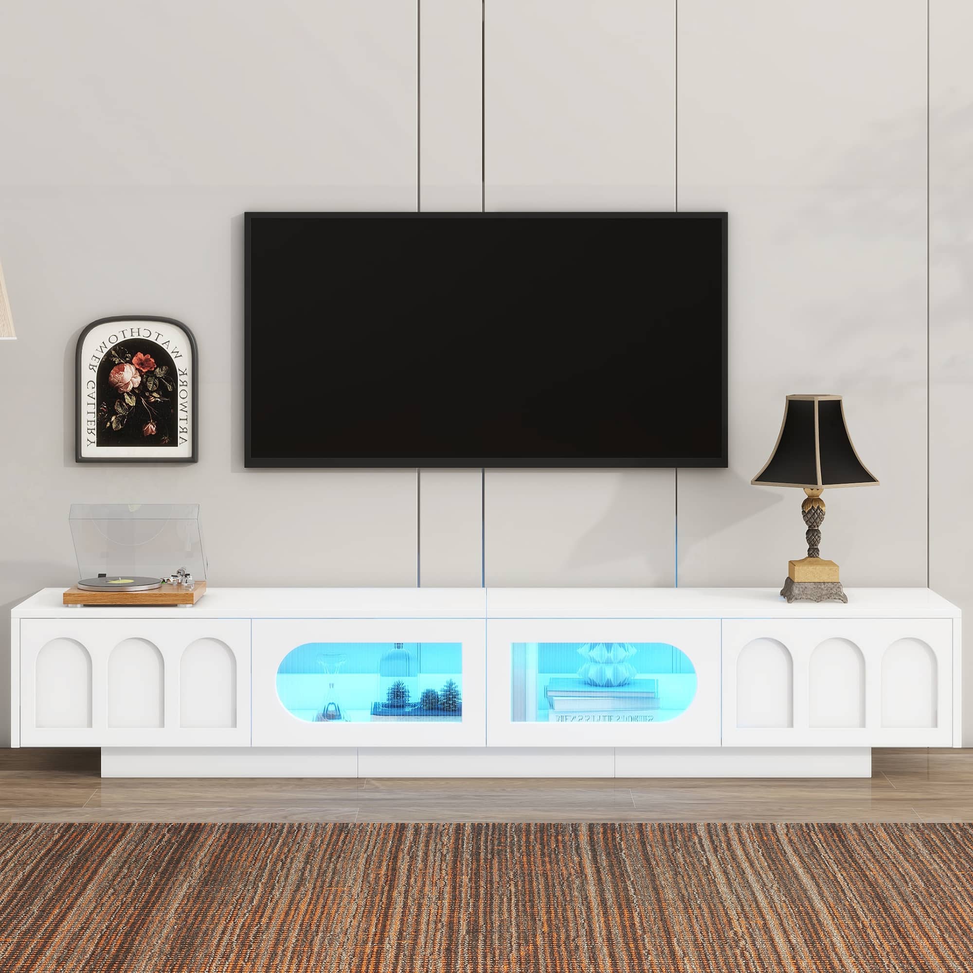 Spaco - Modern TV Stand for 95" TV, Media Console with Fluted Glass Doors Arched Design and APP Controlled LED Lights - White