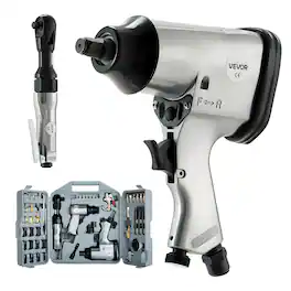 VEVOR - 50 Pieces Pro Air Tool and Accessories Kit - 1/2" Air Impact Wrench, 3/8" Ratchet Wrench, 4500BPM Hammer, Blow Gun - Grey and black