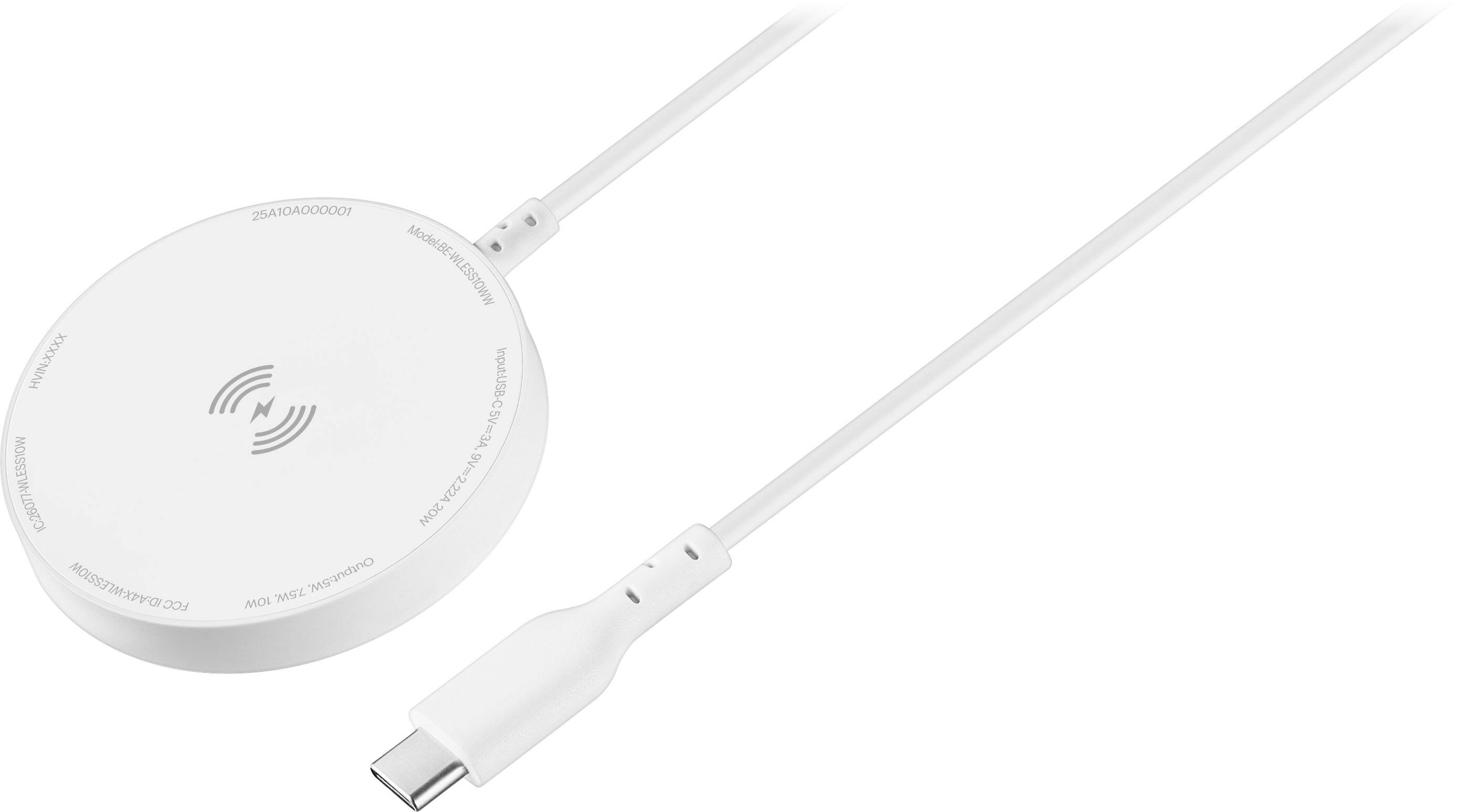 Sure, here is the corrected and grouped text:

---

**Model:** BE-WLESSIOWW

**Input:** USB-C 5V=3A, 6V=2.22A, 9V=2.22A, 10W, 7.5W

**Output:** 5W, 7.5W

**FCC ID:** 25A1D000001

**IC:** 26077-WLESSIOW

**ID:** A4X-WLESSIOW

**Made in China**

**Warranty:** 1 Year

**Note:** For charging only

---

This text is organized and corrected based on the image provided.