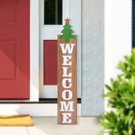 Northlight - Christmas Tree and Star Wooden "Welcome" Porch Board Sign Decoration - 31.5" - Green - Brown