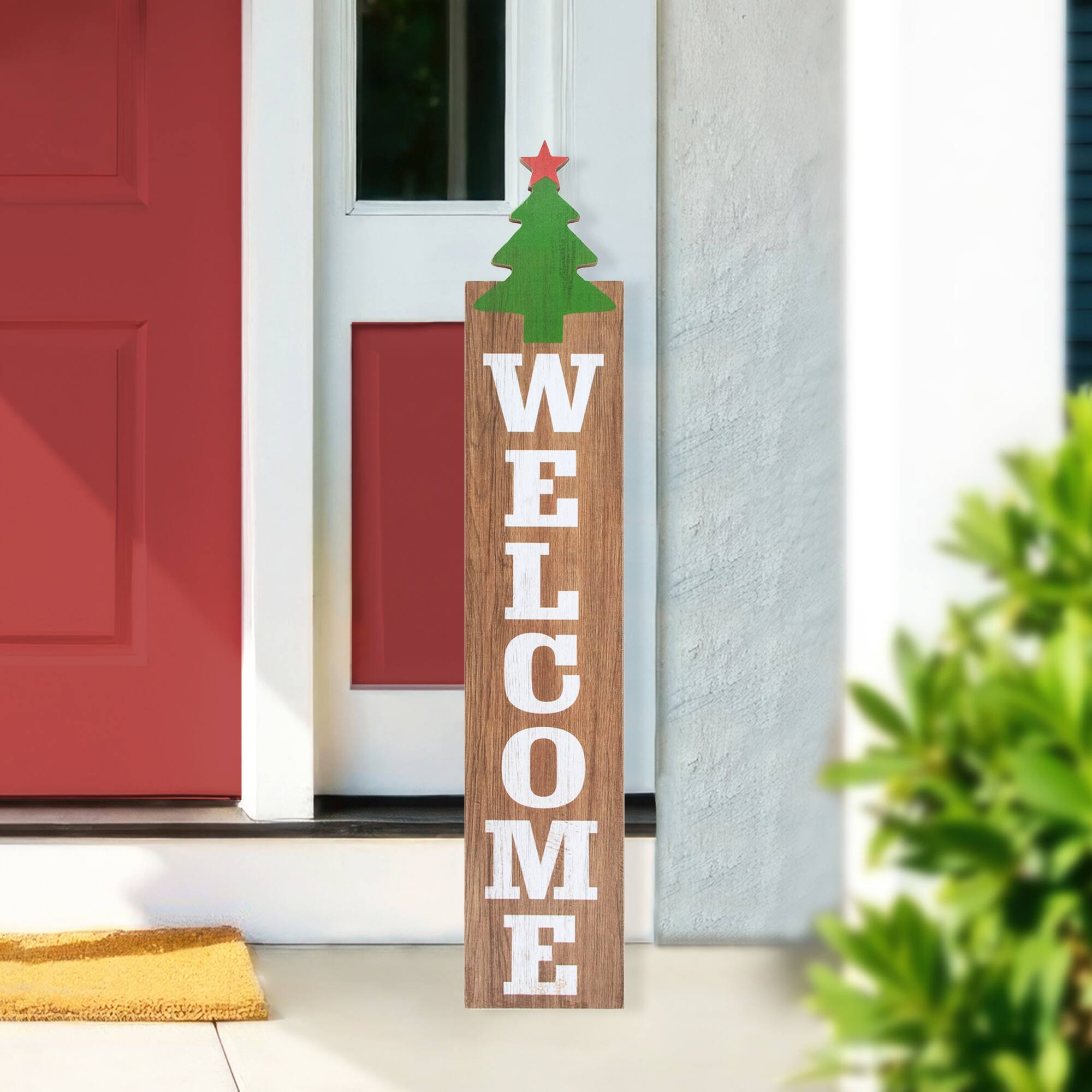 Front. Northlight - Christmas Tree and Star Wooden "Welcome" Porch Board Sign Decoration - 31.5" - Green - Brown.