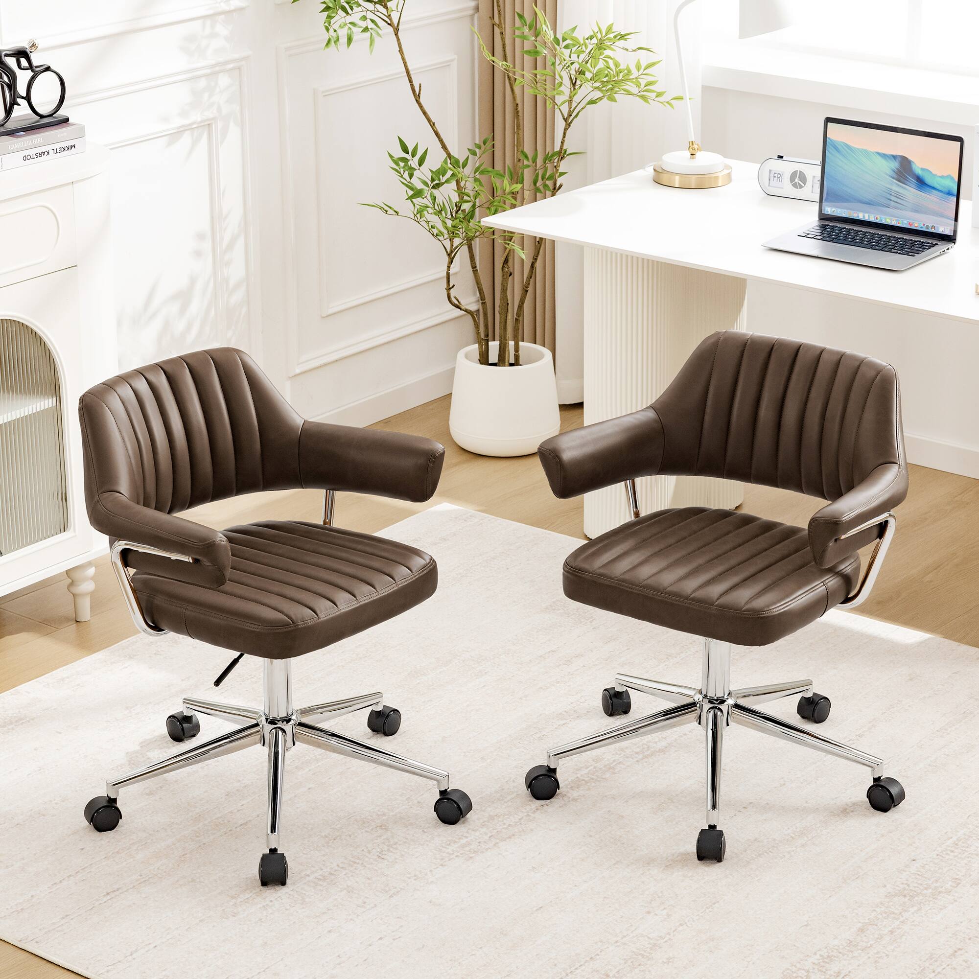 Alt View 7. KERDOM - Swivel Upholstery Vanity Chair with Arms, Adjustable Height Desk Chair for Home Office Study Makeup Dresser, PU Leather - Coffee-2PCS.