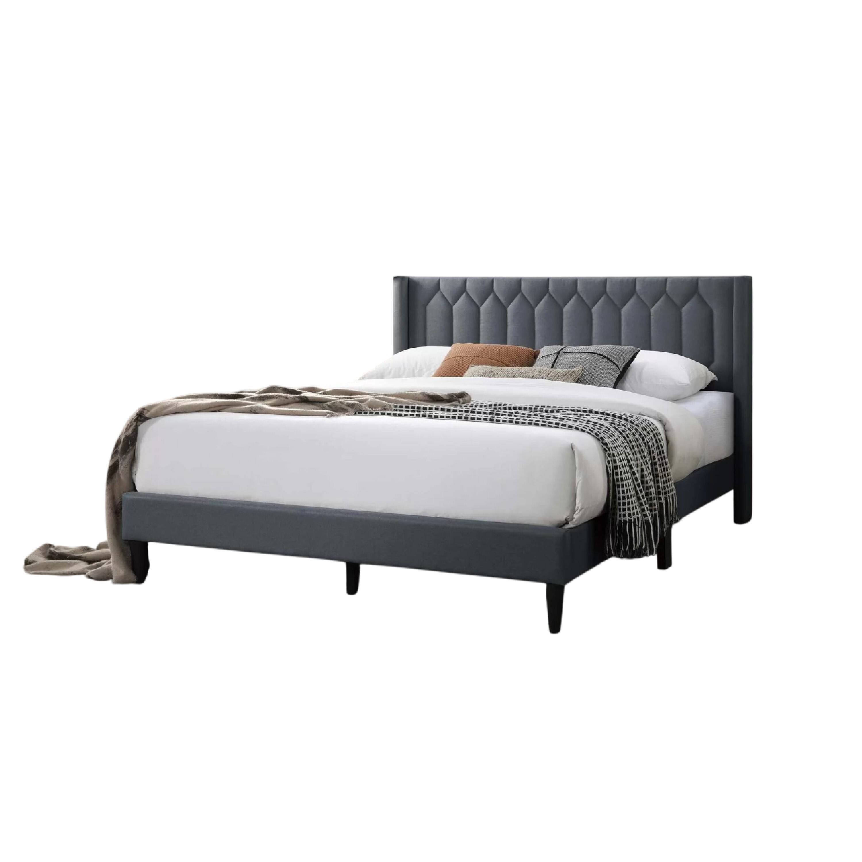 Left. Manhattan Lane - Liana Full Bed, Tufted Charcoal Gray Burlap Upholstery, Foam Padding - Charcoal Gray, Black.