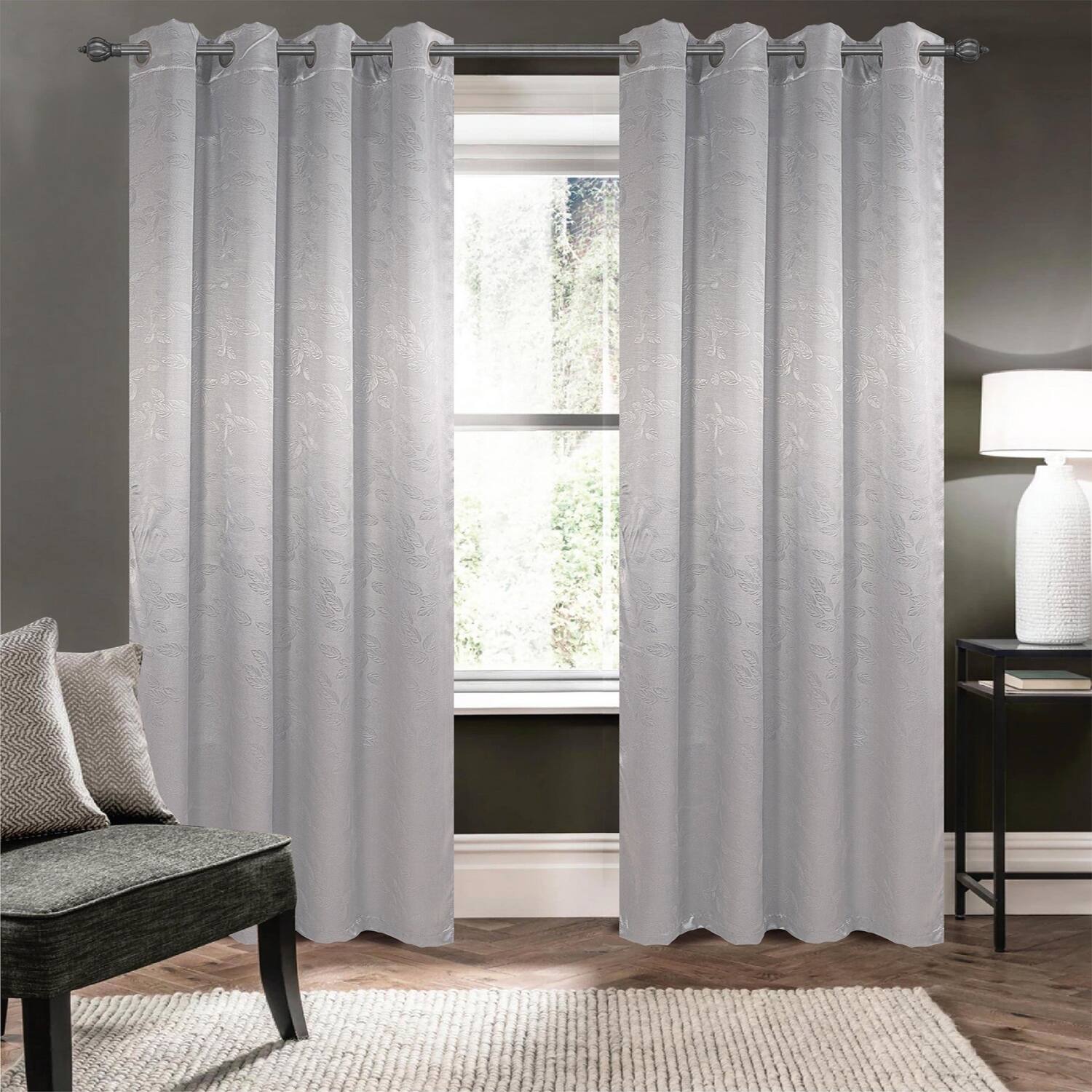 Angle. Olivia Gray - Olivia Gray 100% Polyester 200 GSM Arlo Embossed Blackout Grommet Curtain Panel 54" x 84" Silver - Silver.