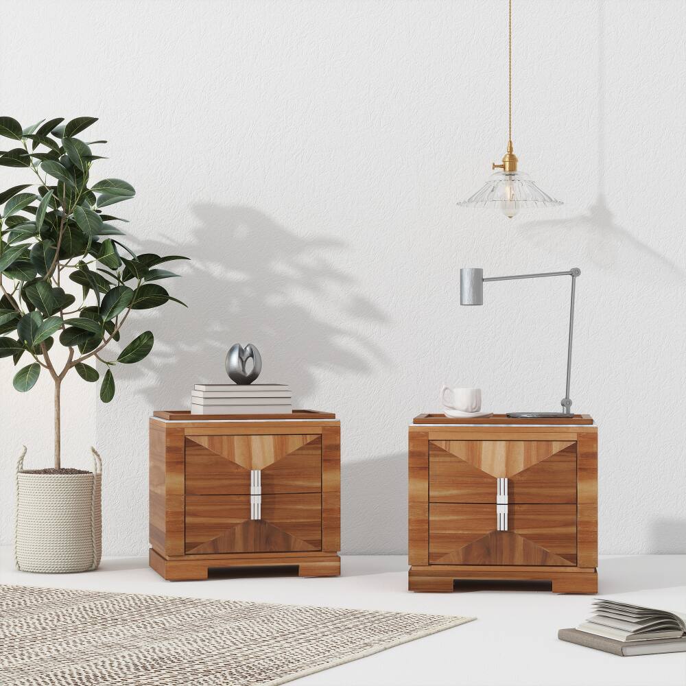 Alt View 4. JUJABU - Mid-Century Modern Nightstand with 2 Drawers Storage, Heavy Duty Base for Bedroom, Light Brown - Light Brown.