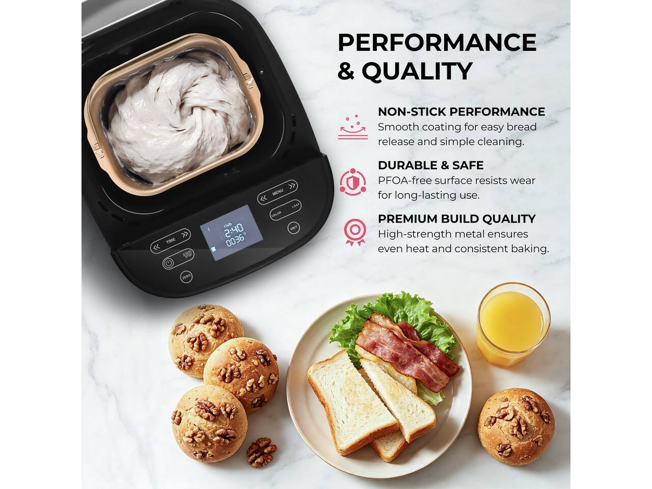 PERFORMANCE & QUALITY

NON-STICK PERFORMANCE
Smooth coating for easy bread release and simple cleaning.

DURABLE & SAFE
PFOA-free surface resists wear for long-lasting use.

PREMIUM BUILD QUALITY
High-strength metal ensures even heat and consistent baking.
