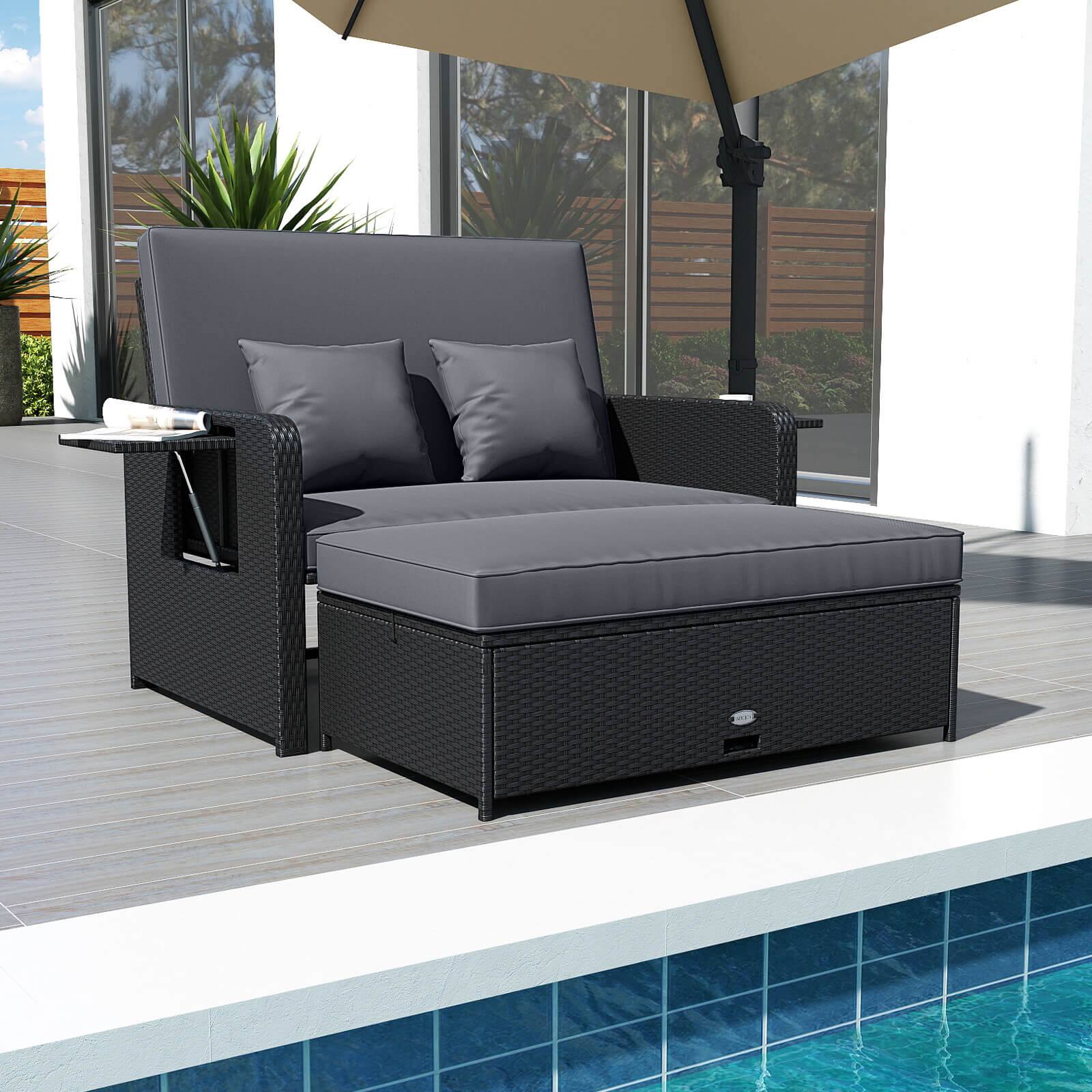 Alt View 1. Costway - Costway 2 PCS PE Wicker Outdoor Daybed with 4-Level Adjustable Backrest, Storage Ottoman - Gray,Black.