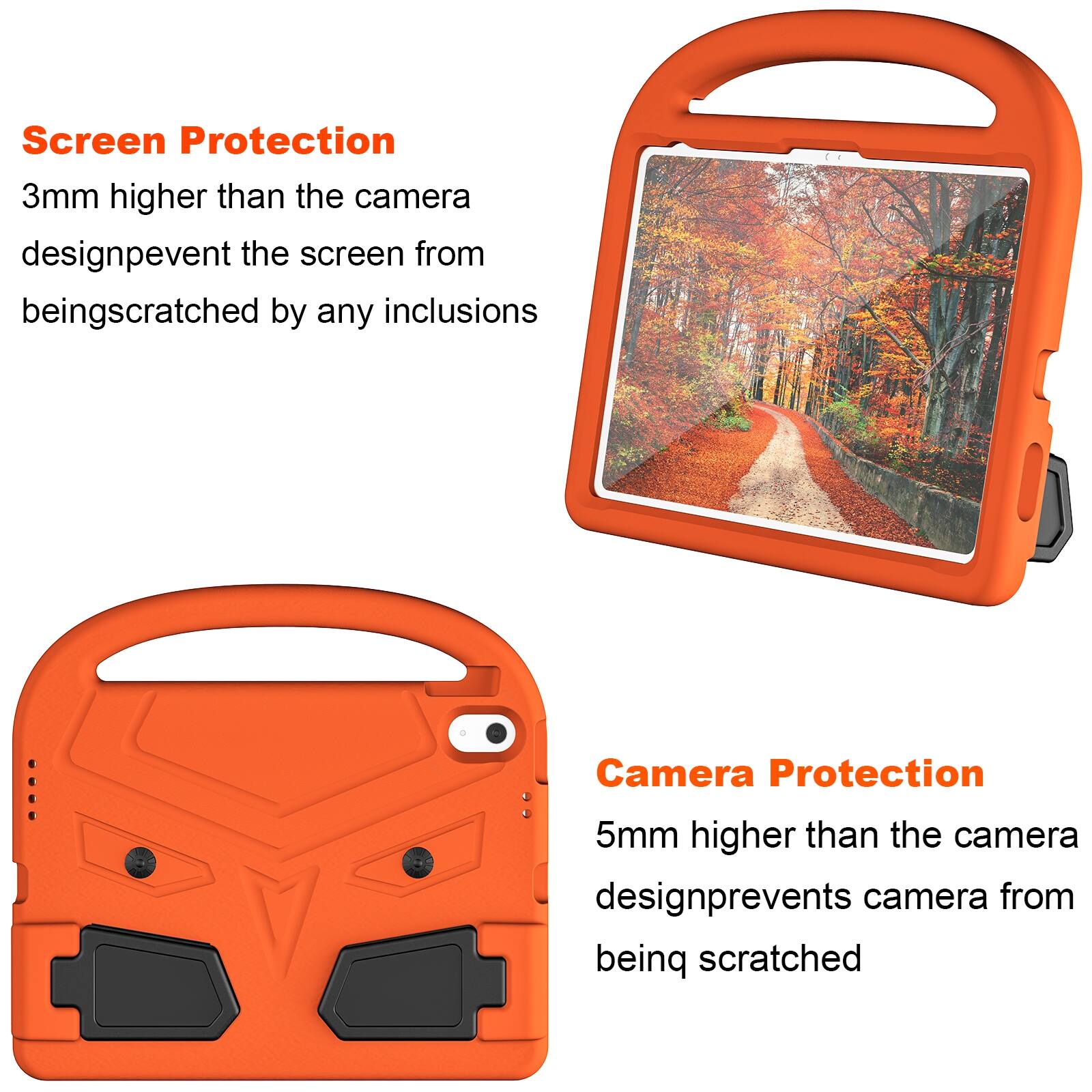 Screen Protection  
3mm higher than the camera design prevents the screen from being scratched by any inclusions  

Camera Protection  
5mm higher than the camera design prevents the camera from being scratched