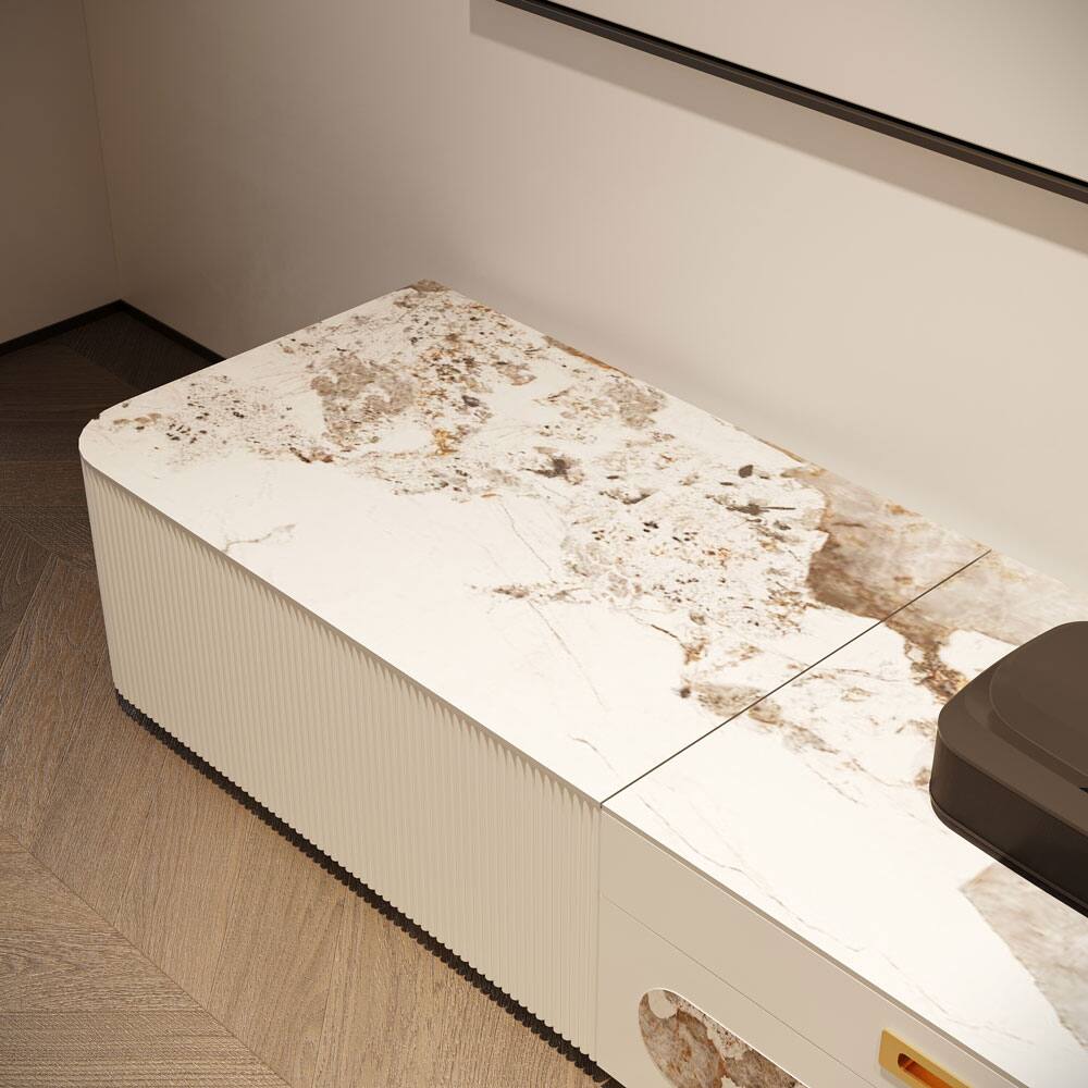 Alt View 2. POVISON - 79" Modern Low Profile TV Stand with Ultra-short Throw Projector Platform, Fluted TV Console with White Sintered Stone - Pandora & White.