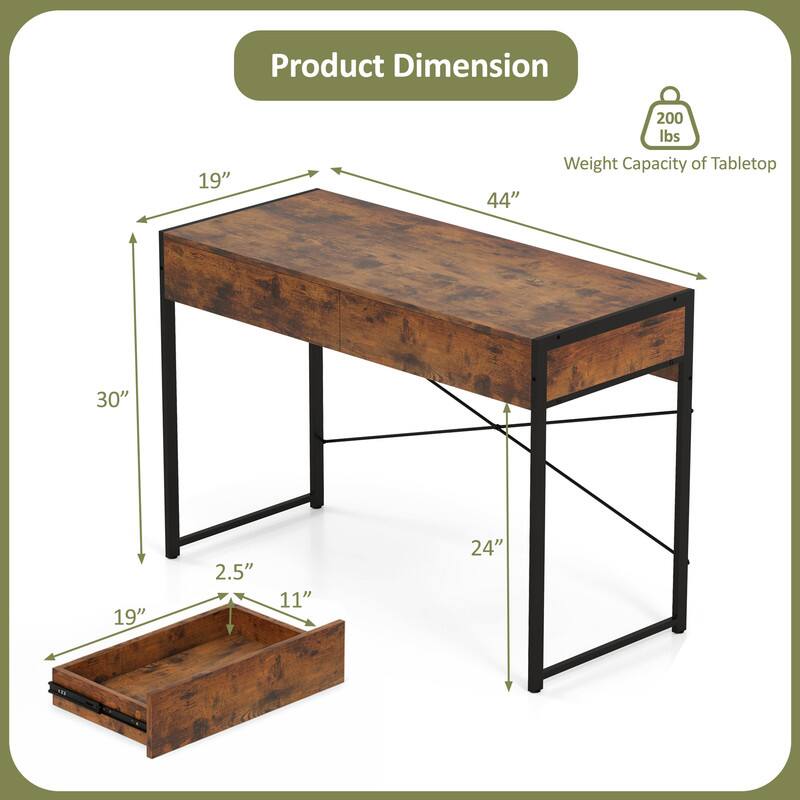 Product Dimension: 19" x 44"  
Weight Capacity of Tabletop: 200 lbs  
Tabletop Dimensions: 30" x 19" x 2.5"  
Drawer Dimensions: 11" x 19" x 24"