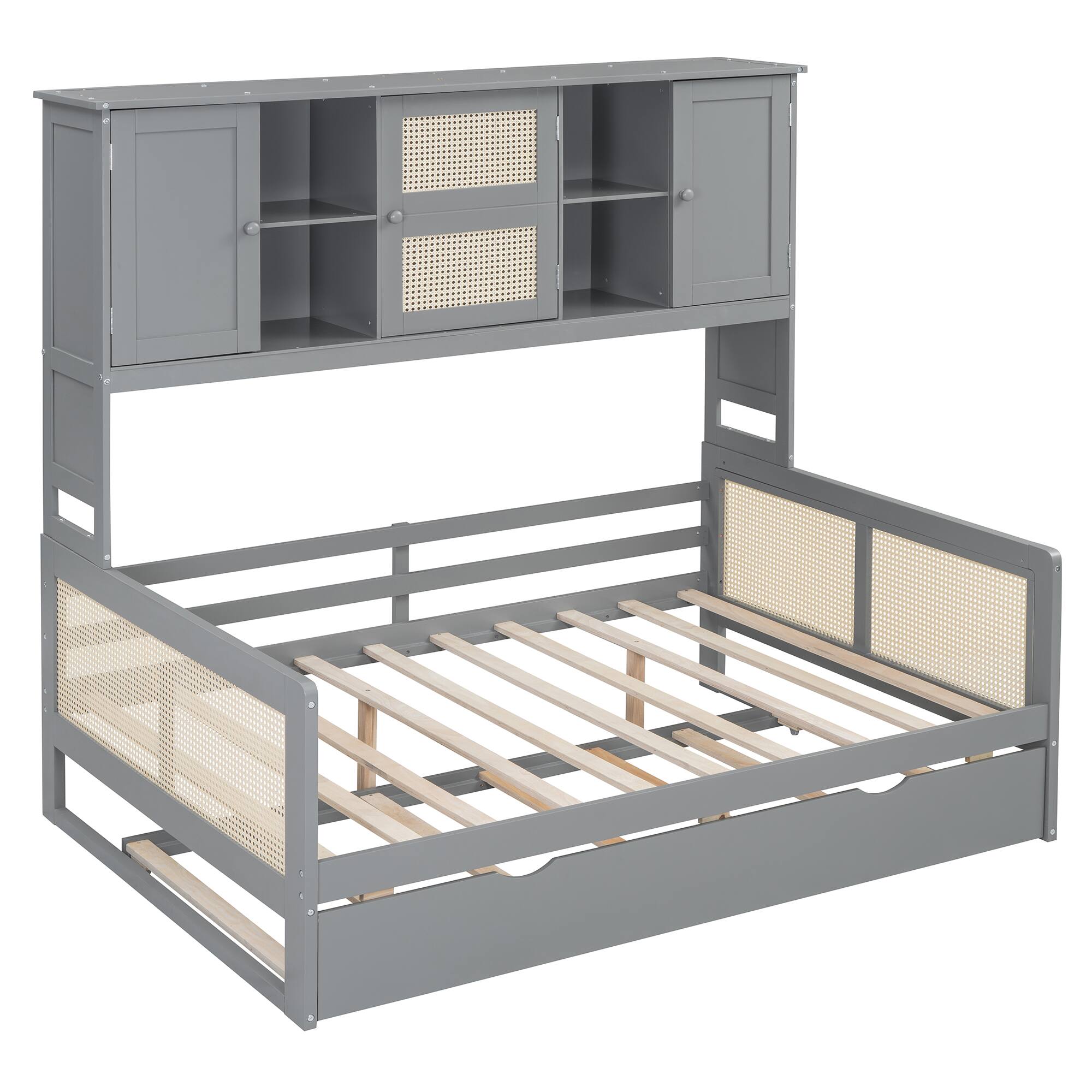 Alt View 7. Tiramisubest - Full Size Wooden Daybed With Twin Size Trundle, and All-in-One Cabinet and Shelf, Gray - Gray.