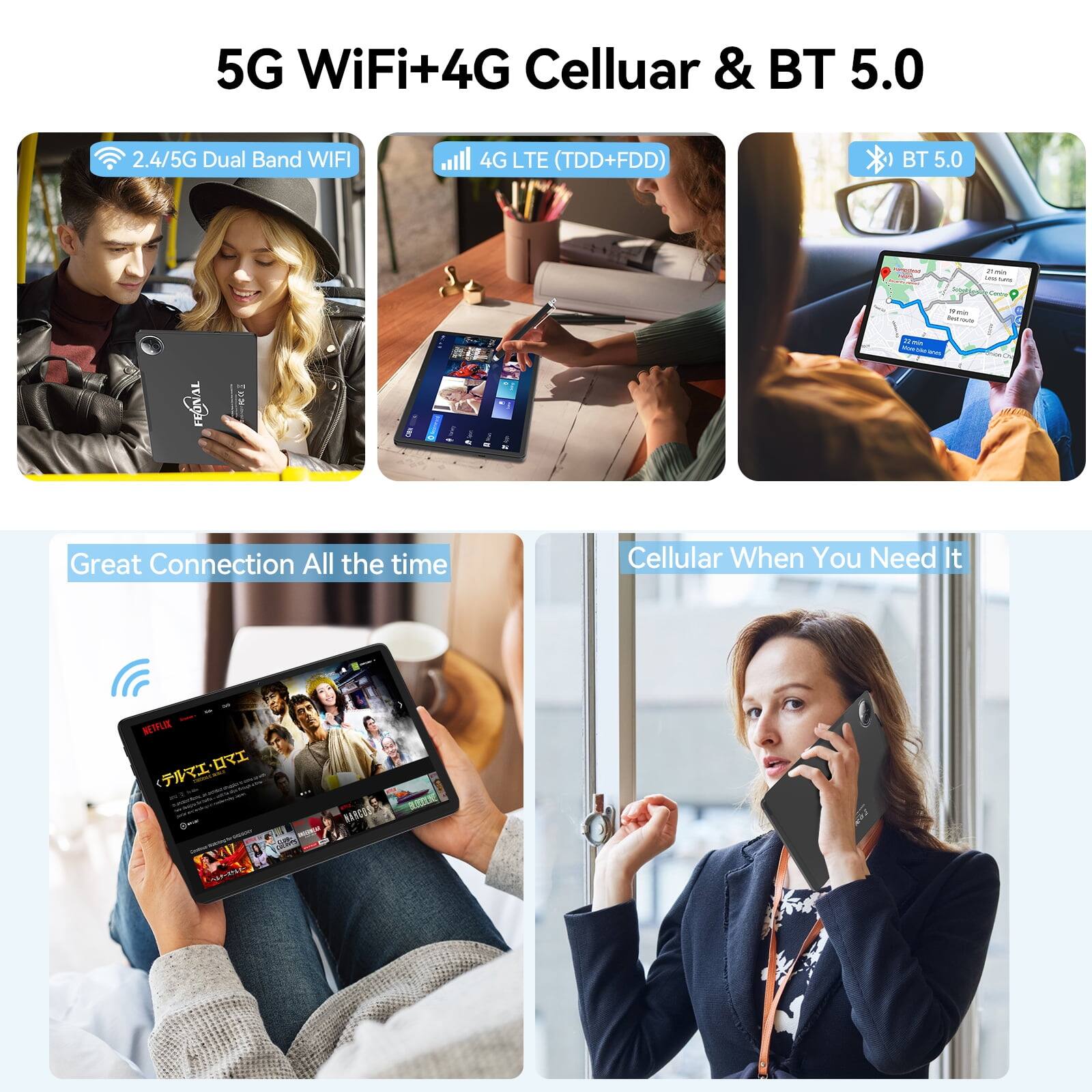 5G WiFi+4G Cellular & BT 5.0

2.4/5G Dual Band WIFI

4G LTE (TDD+FDD)

BT 5.0

Great Connection All the time

Cellular When You Need It

NETFLIX