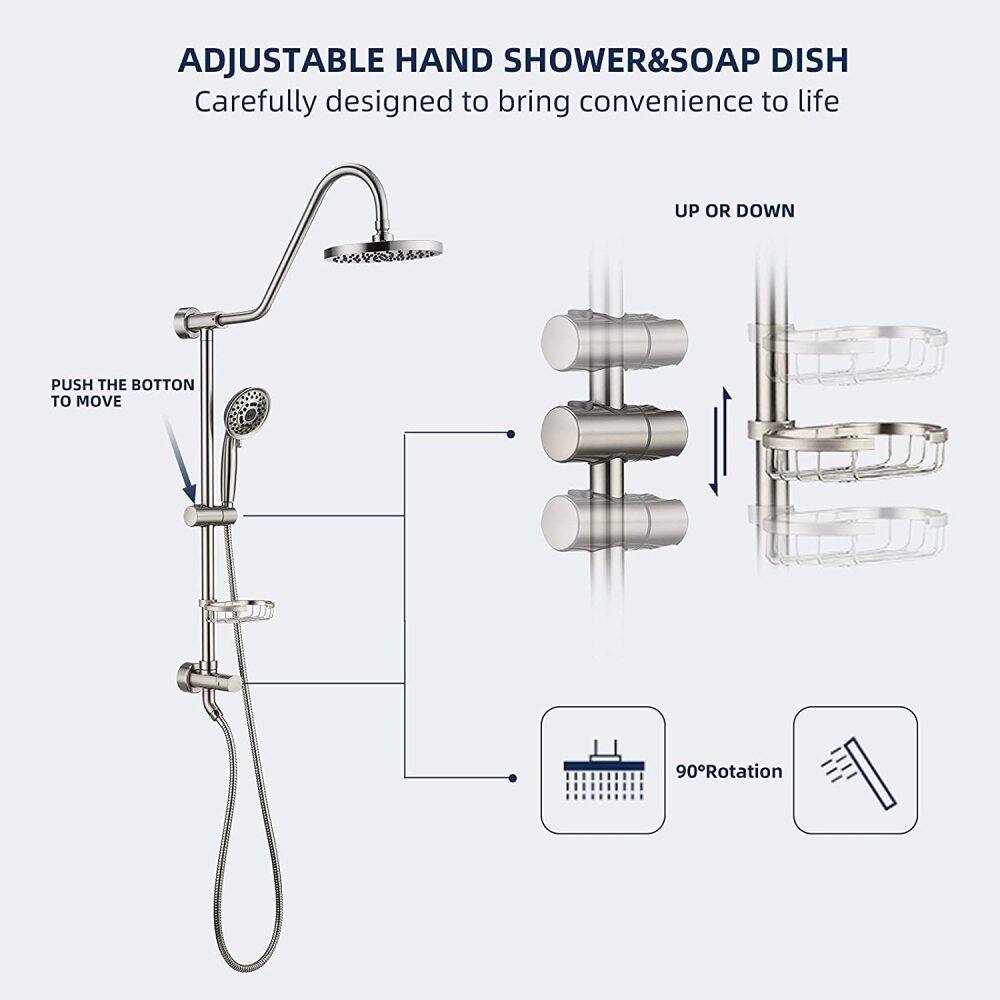 ADJUSTABLE HAND SHOWER & SOAP DISH  
Carefully designed to bring convenience to life  

UP OR DOWN  
PUSH THE BUTTON TO MOVE  

90° Rotation