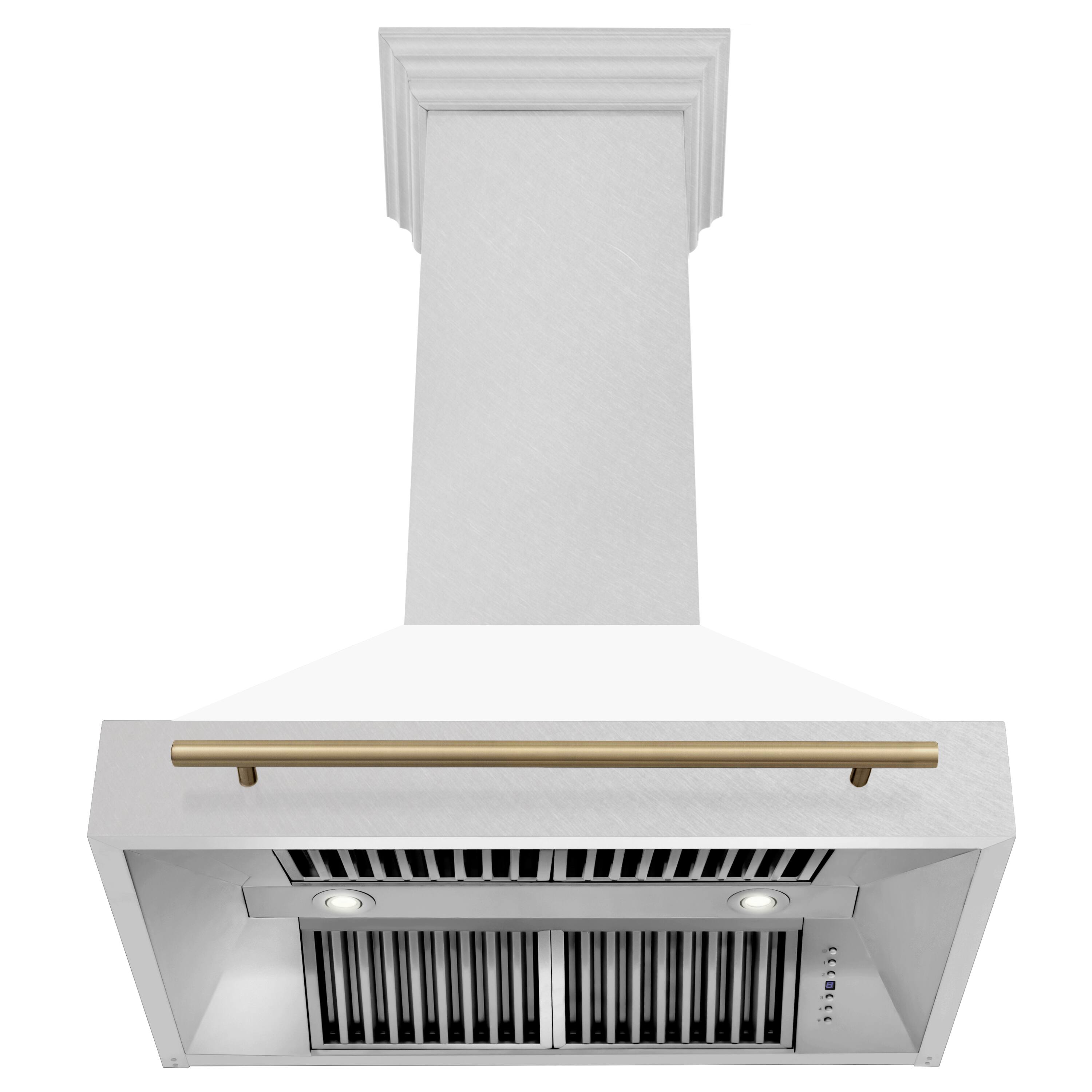 Back. ZLINE - ZLINE Autograph 36 in. Satin Stainless Steel Wall Mount Range Hood with White Matte Shell and Champagne Bronze Handle - Satin Stainless Steel with White Matte Shell.