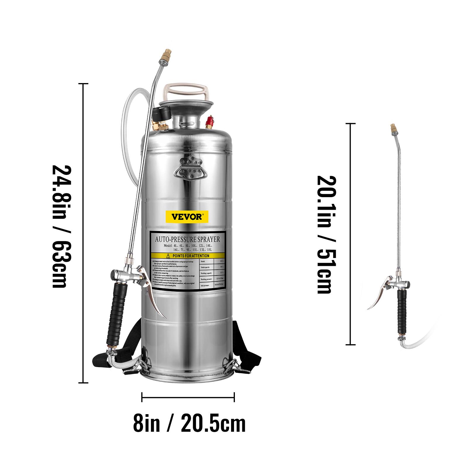 24.8in / 63cm  
VEVOR AUTO-PRESSURE SPRAYER  
3. th. 4L  
POINTS FOR ATTENTION:  
20.1in / 51cm  
8in / 20.5cm
