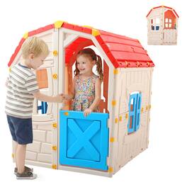Costway - Outdoor Kids Playhouse with Openable Door Windows for Home Backyard for Ages 2+ - Multicolor