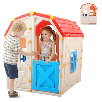 Front. Costway - Costway Outdoor Kids Playhouse with Openable Door Windows for Home Backyard for Ages 2+ - Multicolor.