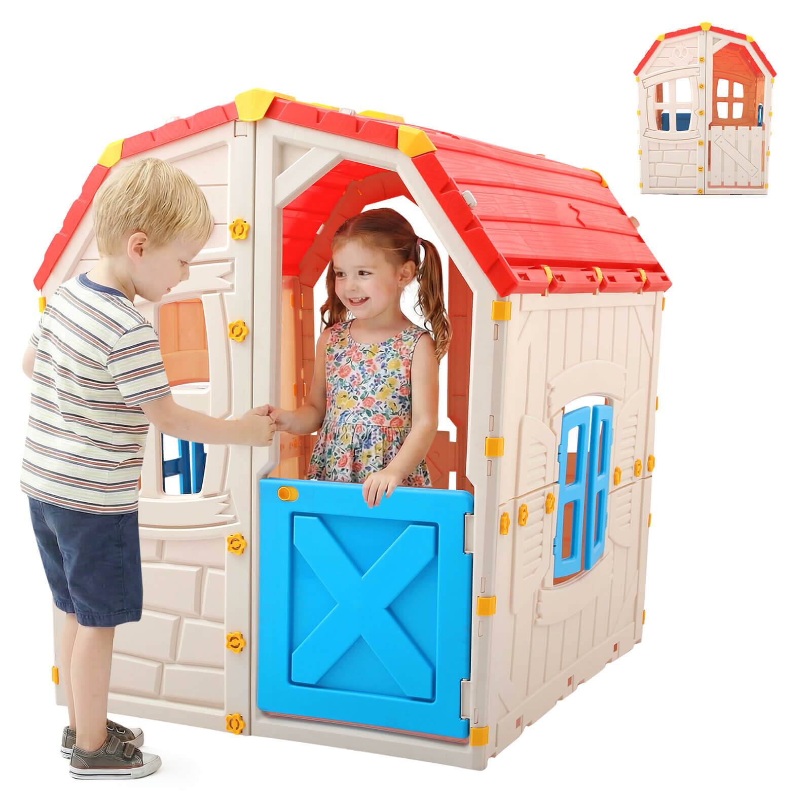 Front. Costway - Costway Outdoor Kids Playhouse with Openable Door Windows for Home Backyard for Ages 2+ - Multicolor.