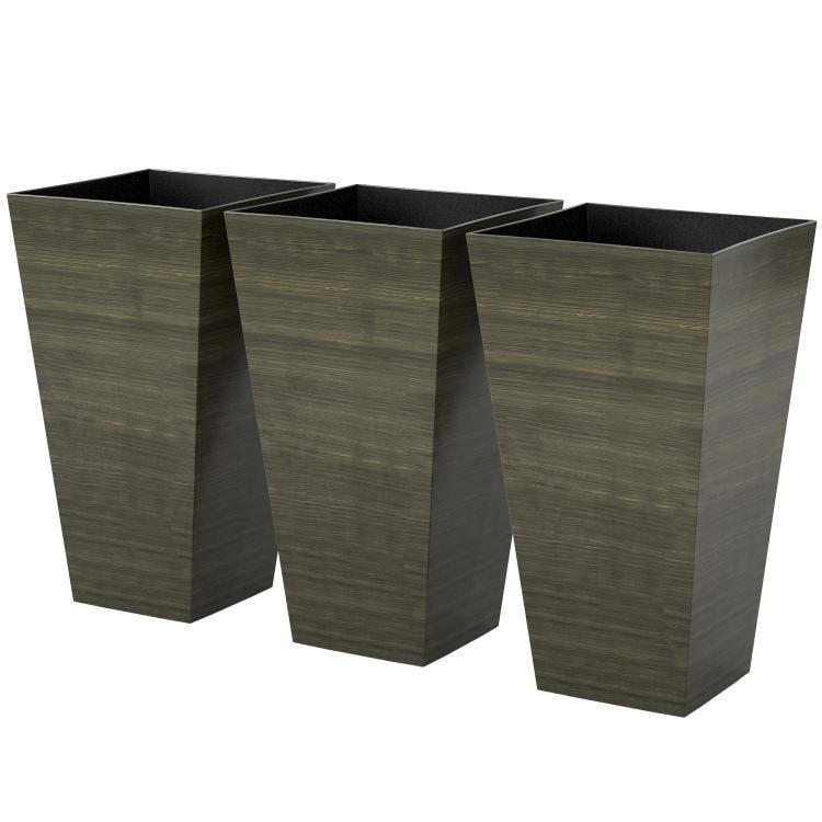Alt View 9. PULUZ - Set of 3 Tall Planters, 28 inch Outdoor Planter w/ Drainage Holes, Faux Wood Plastic Flower Pots, Plants NOT Included - Dark Brown.