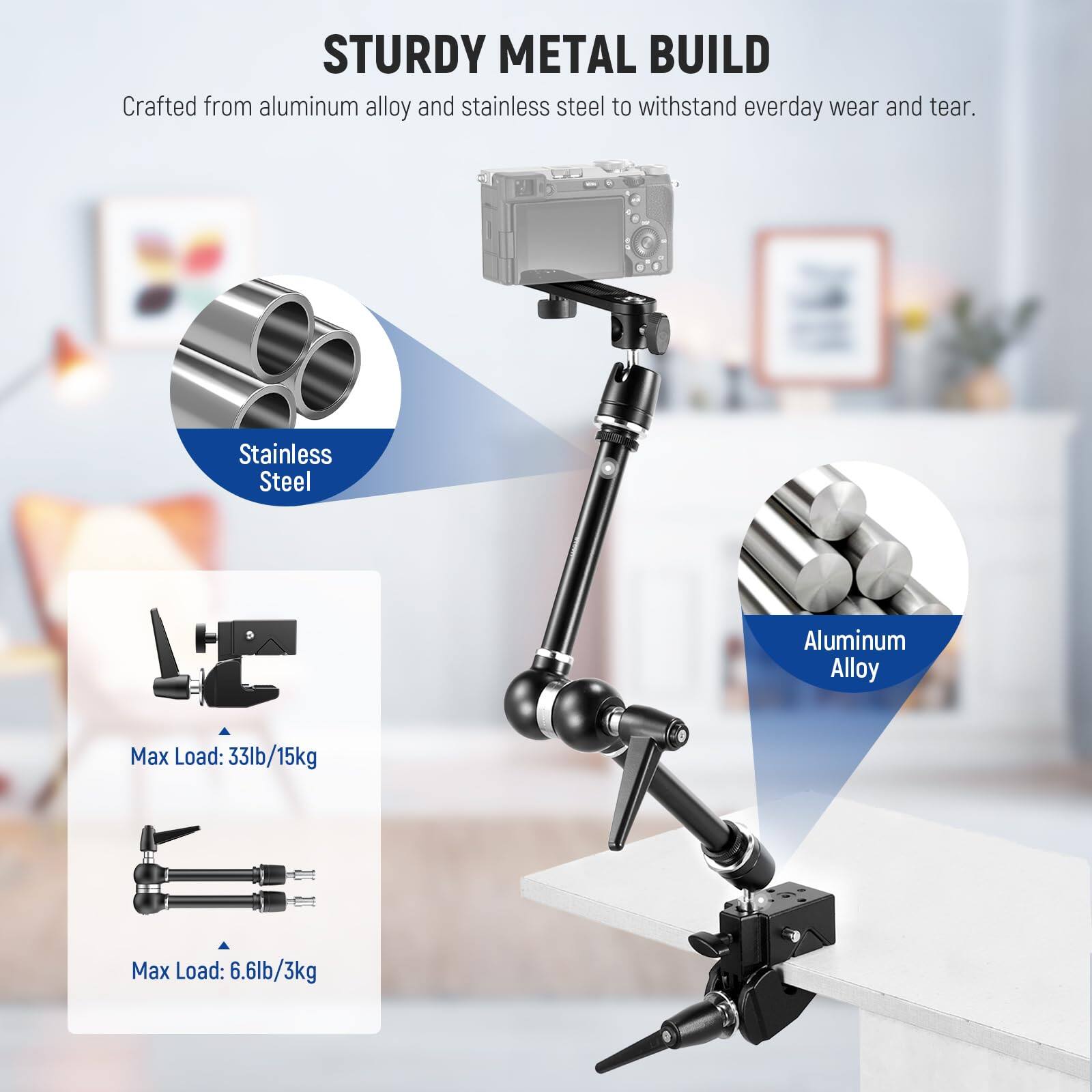 STURDY METAL BUILD  
Crafted from aluminum alloy and stainless steel to withstand everyday wear and tear.  

Stainless Steel  
Max Load: 33lb/15kg  

Aluminum Alloy  
Max Load: 6.6lb/3kg