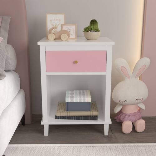 Left. LUCKY ONE - 26.8" Assembled Wooden Nightstand 1-Drawer 1-Shelf for Kids Adults - Pink.