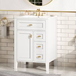 Whisen - 24-Inch Freestanding Bathroom Vanity with Ceramic Sink, 3 Drawers & 2 Door Storage Rack - White