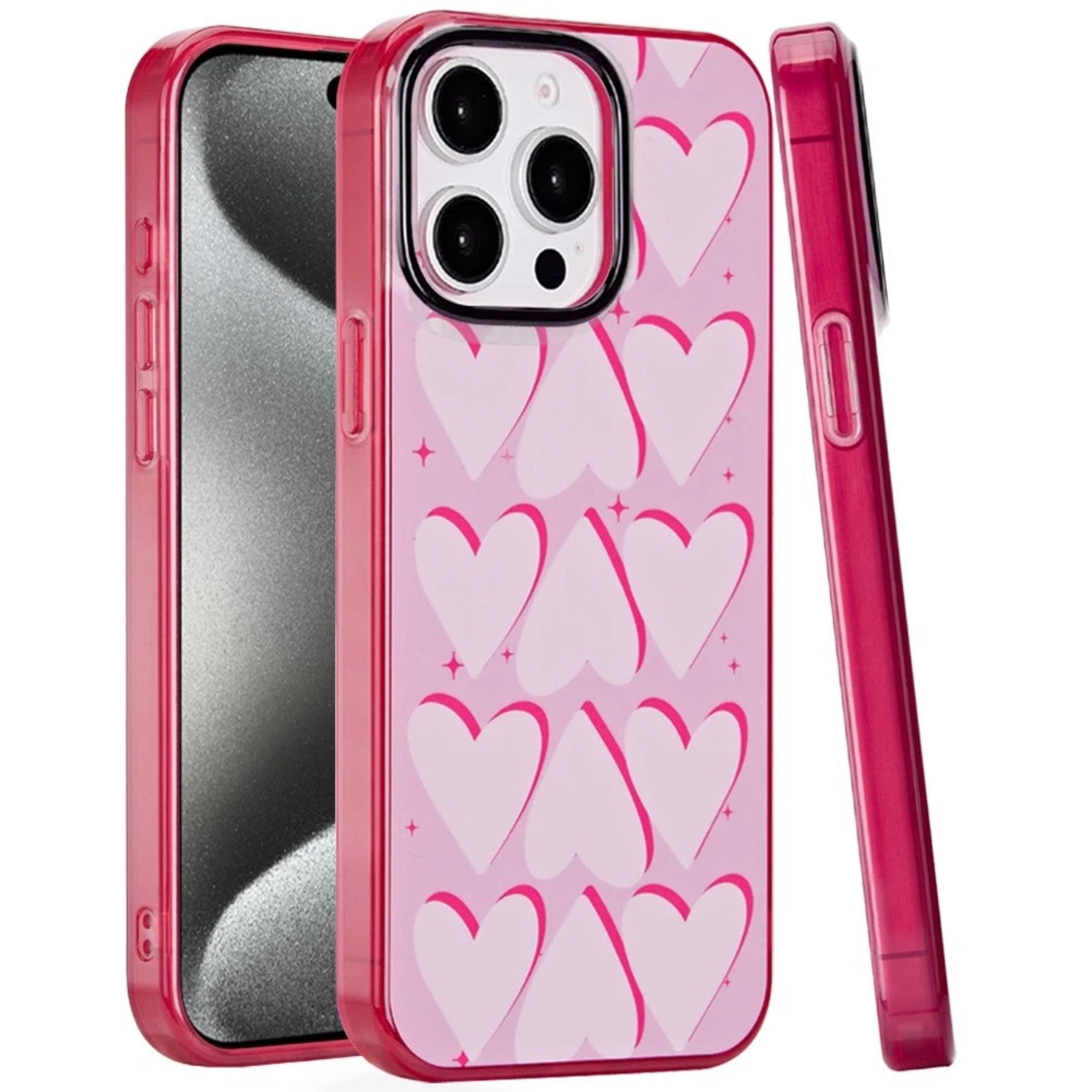 Kitcheniva - Dual Layer TPU Protective Case With Tempered Glass For iPhone 15 Pro Max Big Hearts - Multicolor