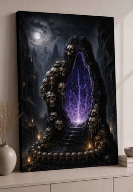 FC Design - Large Shadow Skull Gateway Wall Art Canvas Print 24x36" Moonlit Cavern Gothic Painting for Home Decor - MultiColor
