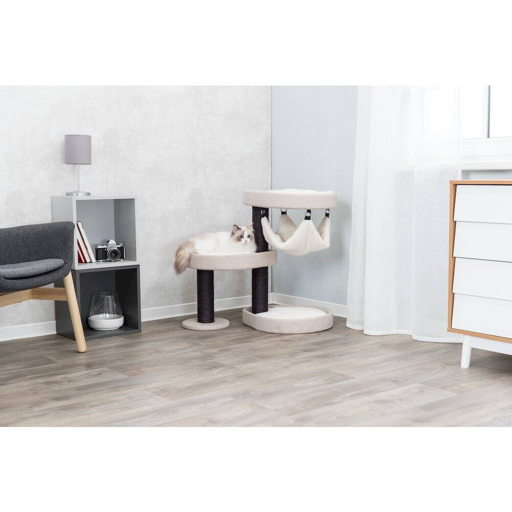 Angle. TRIXIE - Vidor Plush & Sisal 2-Level 28.3" Cat Tree Scratching Posts Hammock Cushions - Cream/Gray.