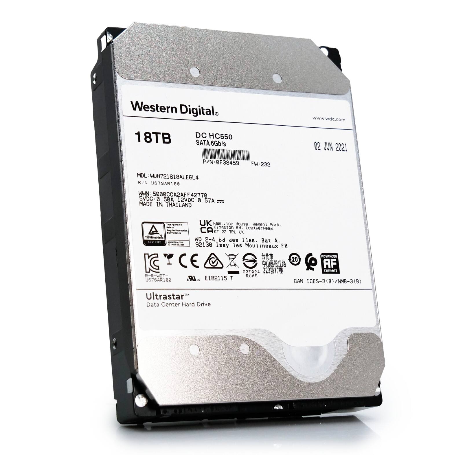 Western Digital  
www.wdc.com  

18TB DC HC550 SATA 6Gb/s  
02 JUN 2021  

N: 0F38459  
FW: 232  
MDL: WUH721818ALE6L4  
R/N: US7SAR188  

WWN: 5000CCA2AFF42770  
SVDCi0 a SEA 12vDCre .57A  

MADE IN THAILAND  

UK  
HamiLton House, Regent Park,  
Kimeston R6 Lestier es.  
CA KT 22 MPL UK  
10vie WD 2-4 bd des Iles. Bat A.  
92138 Issy les Moulineaux FR  

NOVINCES e 20 AF 038024  

FORMAT 20T-  
MOMS US7SAR18E A. E182115 T CAN ICES-3(B)/NMB-3(B)  

Ultrastar™  
Data Center Hard Drive