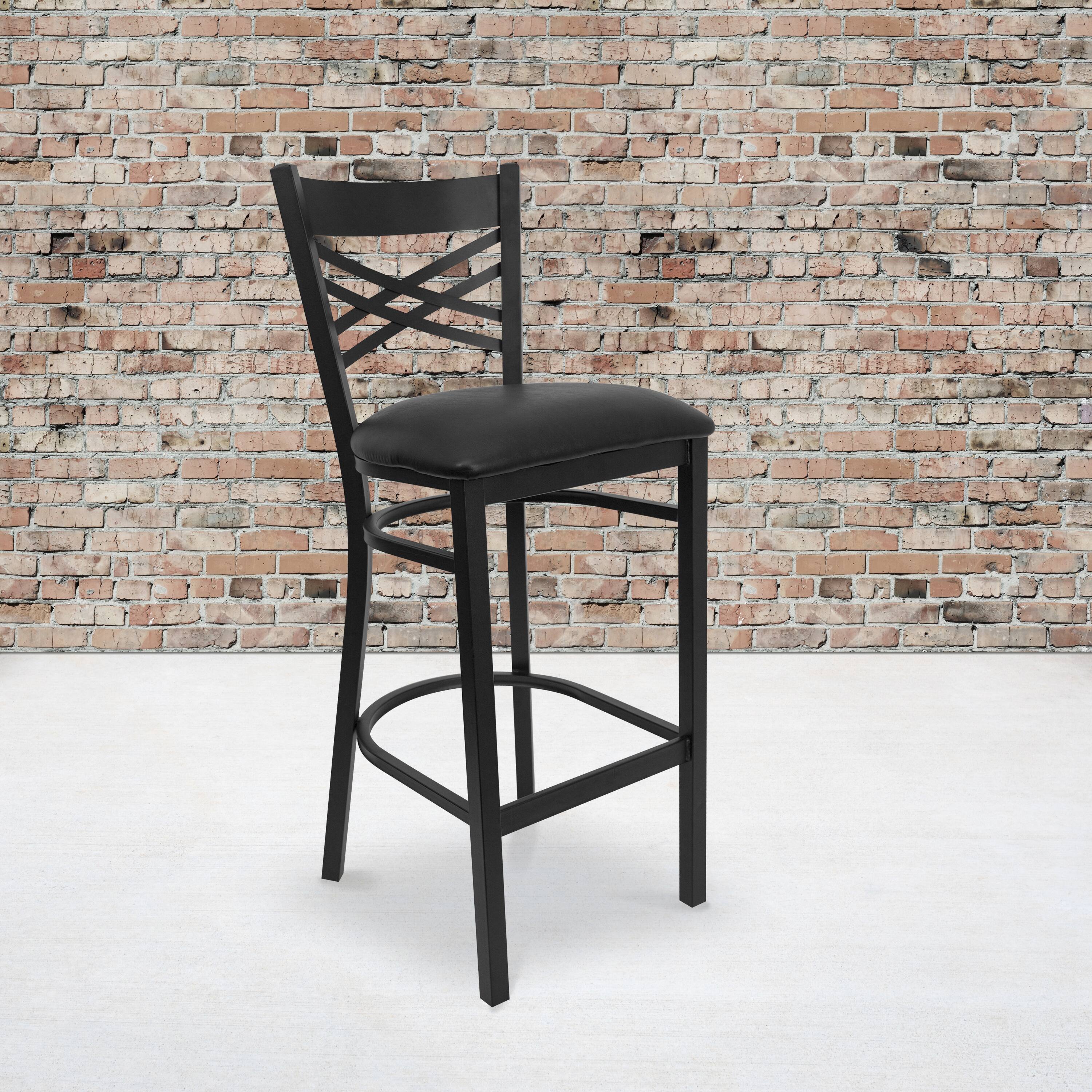 Angle. Flash Furniture - HERCULES Series Black ''X'' Back Metal Restaurant Barstool - Black Vinyl Seat - Black.