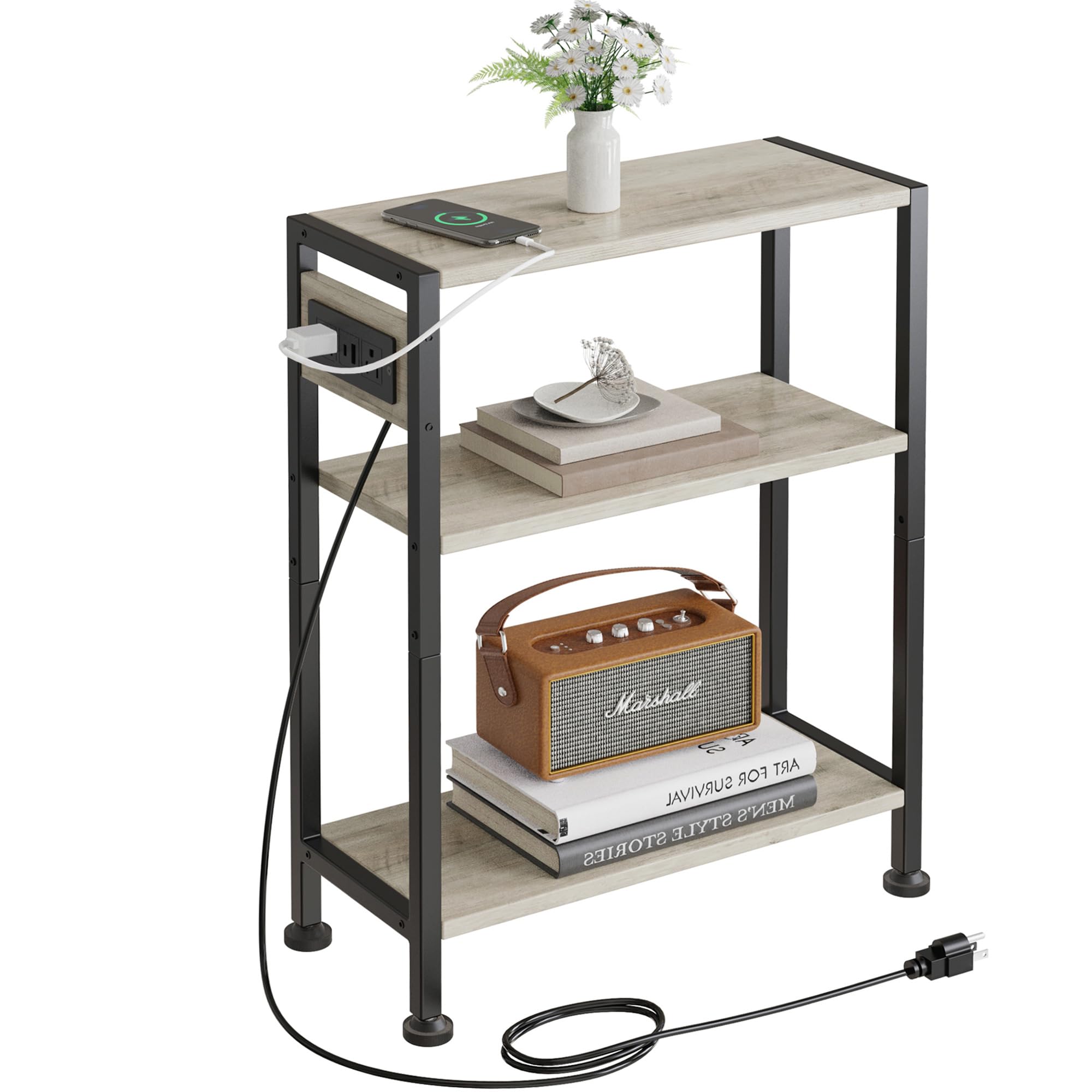 PO3TICJUNKI3 - End Table With Charging Station 3-tier Side For Space Skinny Nightstand Usb type C Port And 2 Outlets Slim - Greige