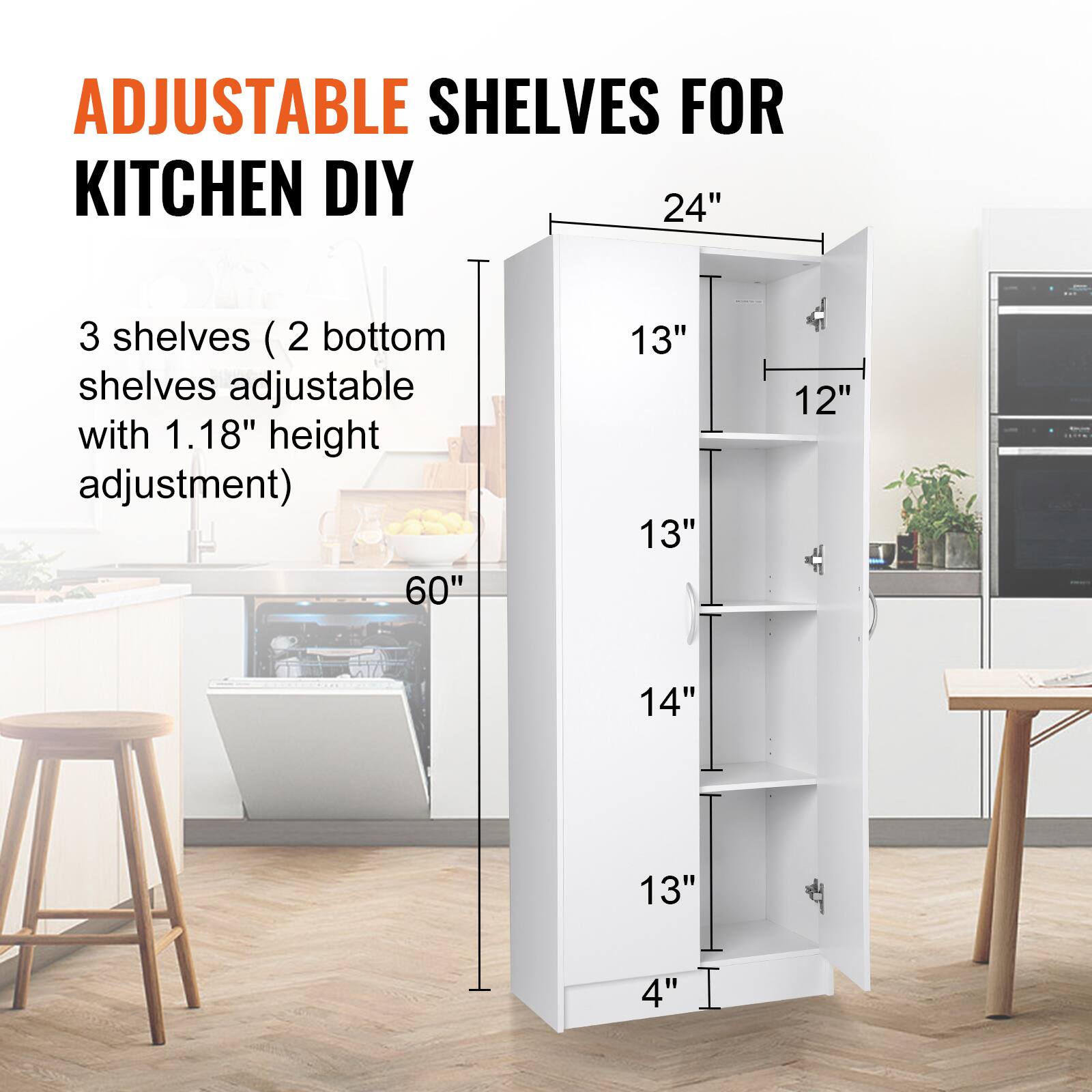 ADJUSTABLE SHELVES FOR KITCHEN DIY

24"
3 shelves (2 bottom shelves adjustable with 1.18" height adjustment)
60"
13"
13"
12"
14"
13"
4"