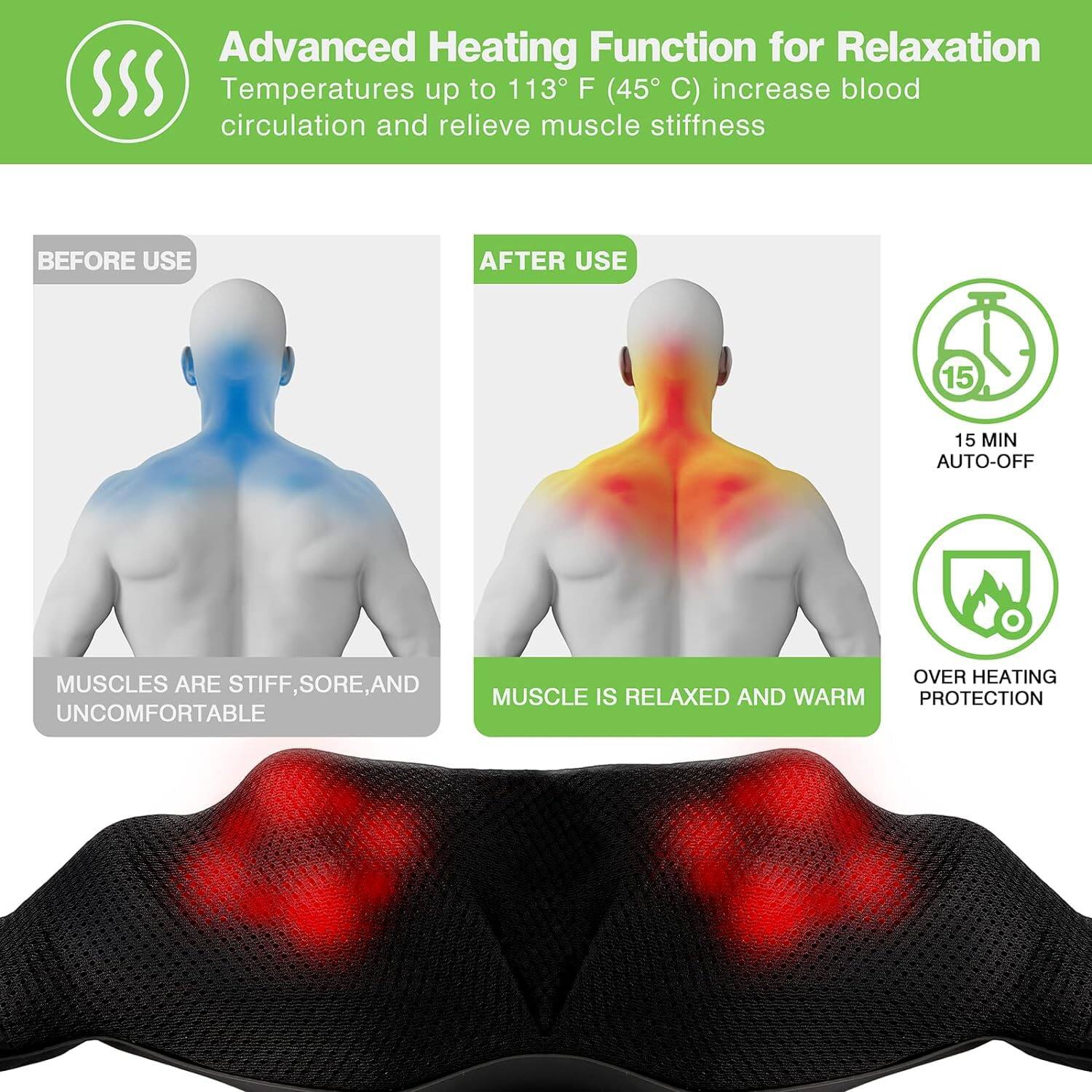 Advanced Heating Function for Relaxation  
Temperatures up to 113°F (45°C) increase blood circulation and relieve muscle stiffness  

BEFORE USE  
MUSCLES ARE STIFF, SORE, AND UNCOMFORTABLE  

AFTER USE  
MUSCLE IS RELAXED AND WARM  

15 MIN AUTO-OFF  

OVER HEATING PROTECTION