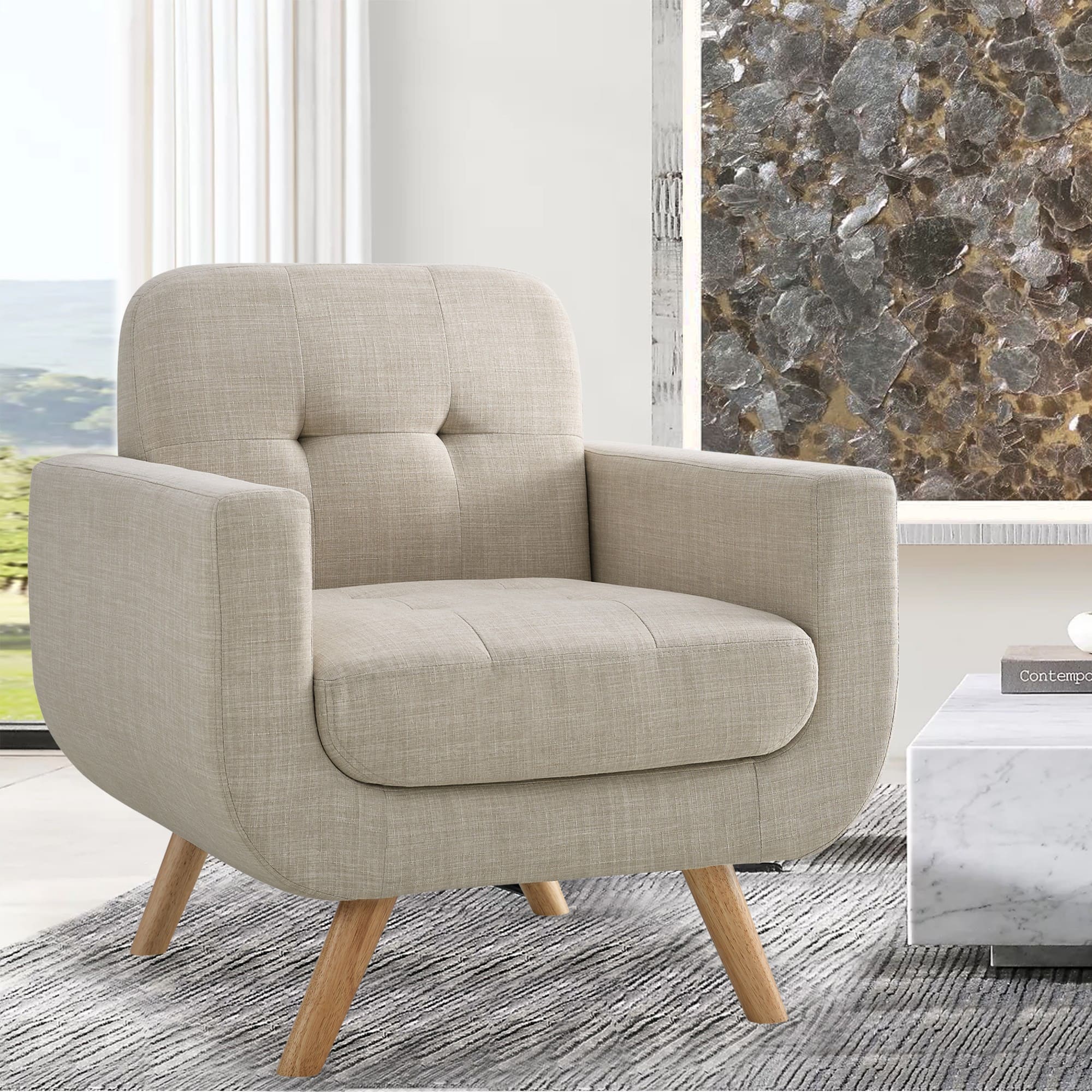 Boyel Living - Linen Button Accent Chair with Solid Wood Legs - Beige