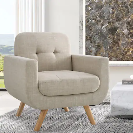 Front. Boyel Living - Linen Button Accent Chair with Solid Wood Legs - Beige.