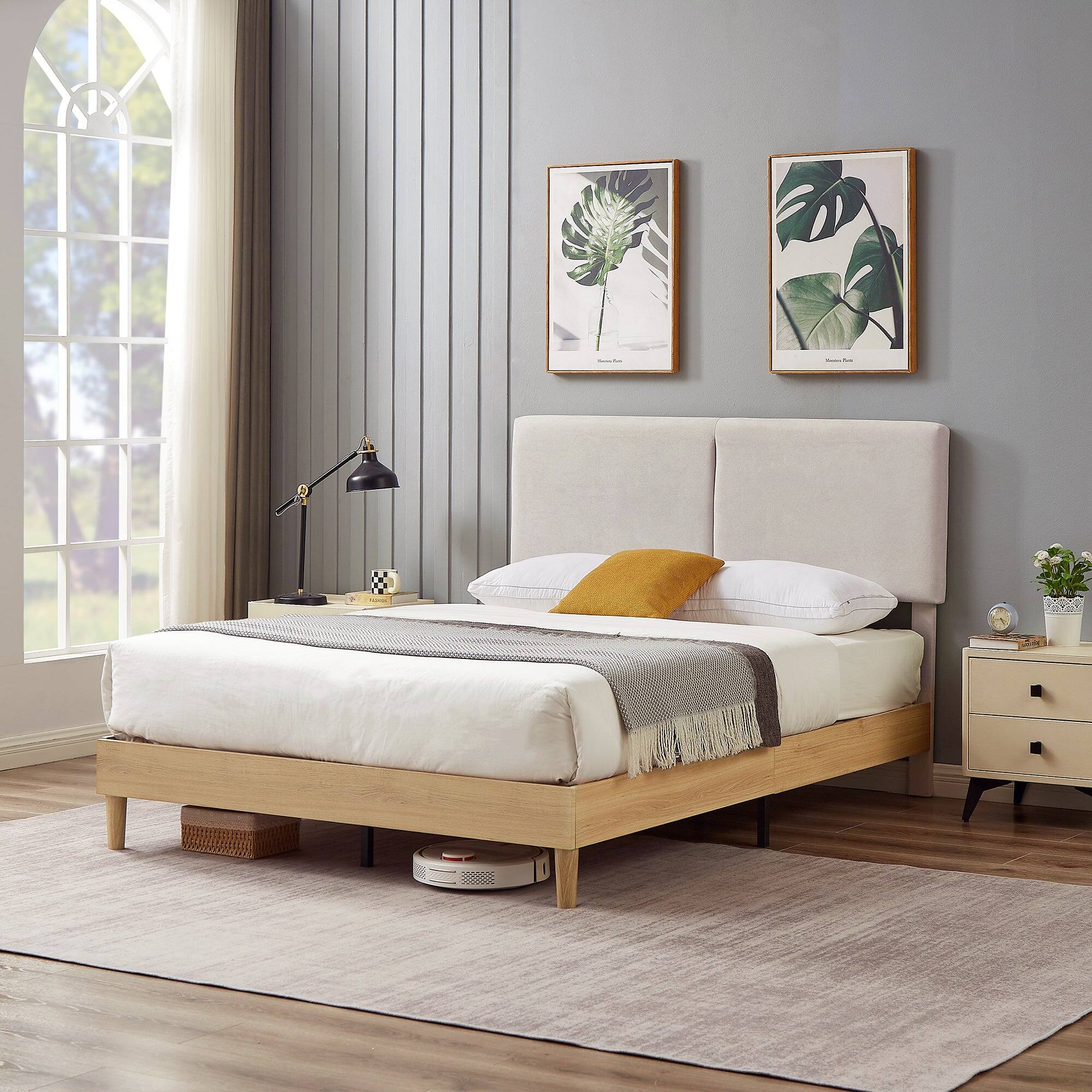 Alt View 1. Vecelo - Full Size Adjustable Bed Frame with Headboard - No Box Spring Needed, Linen Upholstered, 600lb Capacity, Easy Assembly - Beige.