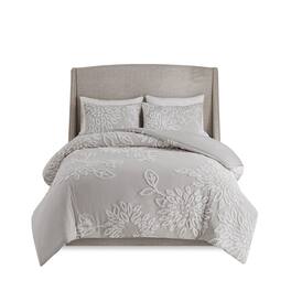 Gracie Mills - Anita 3-Piece Tufted Cotton Chenille Floral Duvet Cover Set - Warm Grey/White