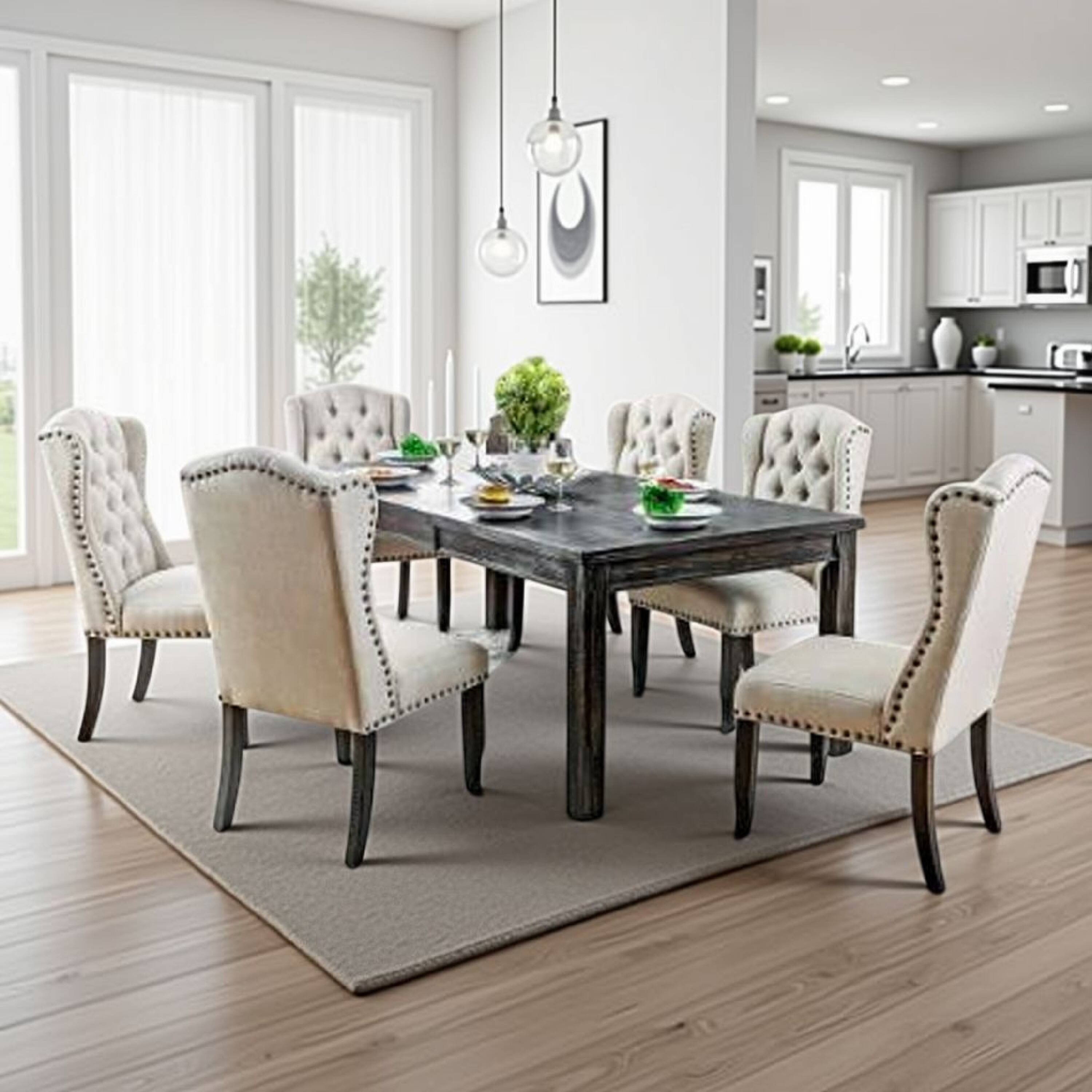 Alt View 5. Manhattan Lane - Bega 9pc Dining Table and Wingback Chair Set, Beige Linen, Black Wood - Black, Beige.