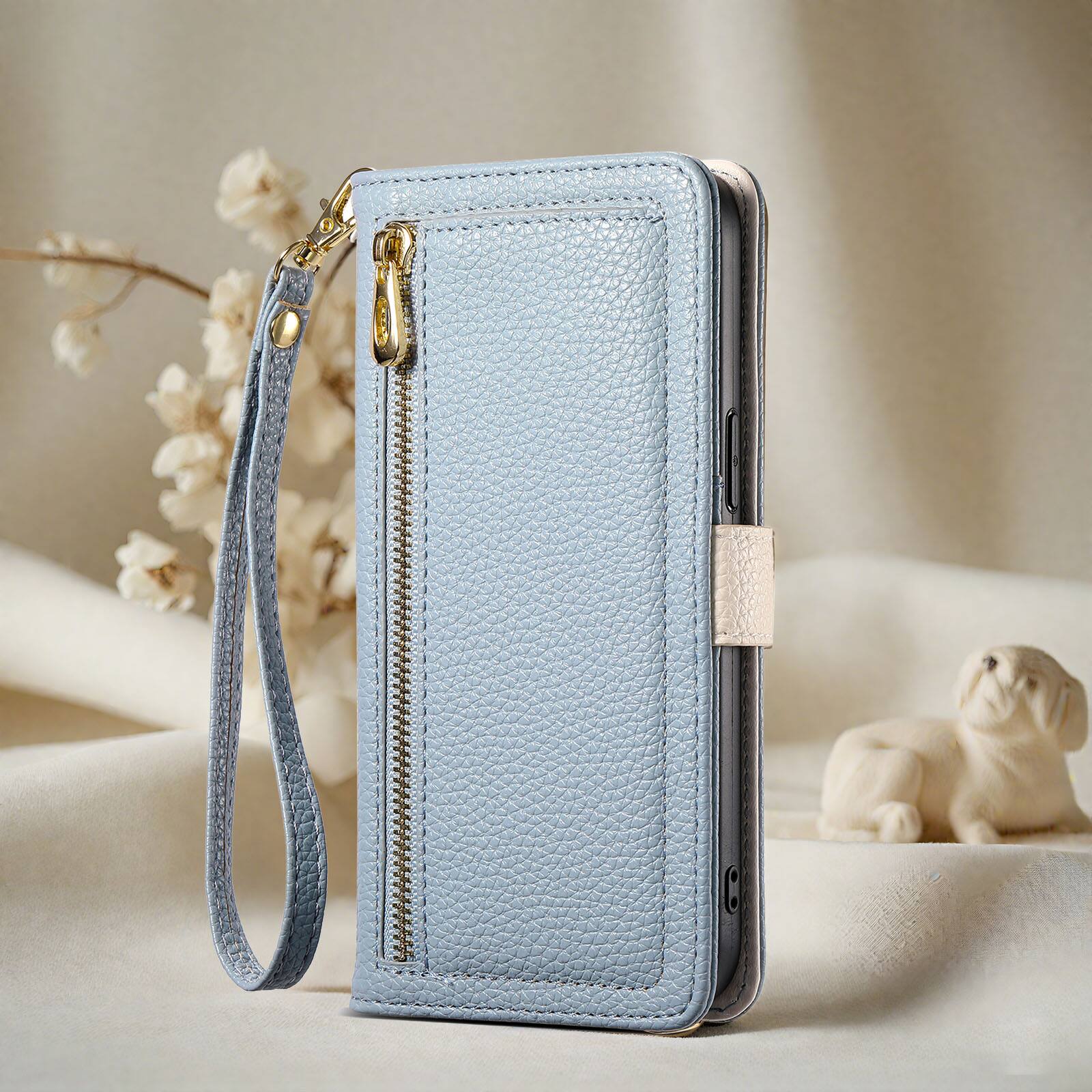 Angle. Dteck - Wallet Case for Samsung Galaxy S26 with Crossbody Strap and Wristlet, PU Leather Zipper Purse Kickstand Cover - Blue.