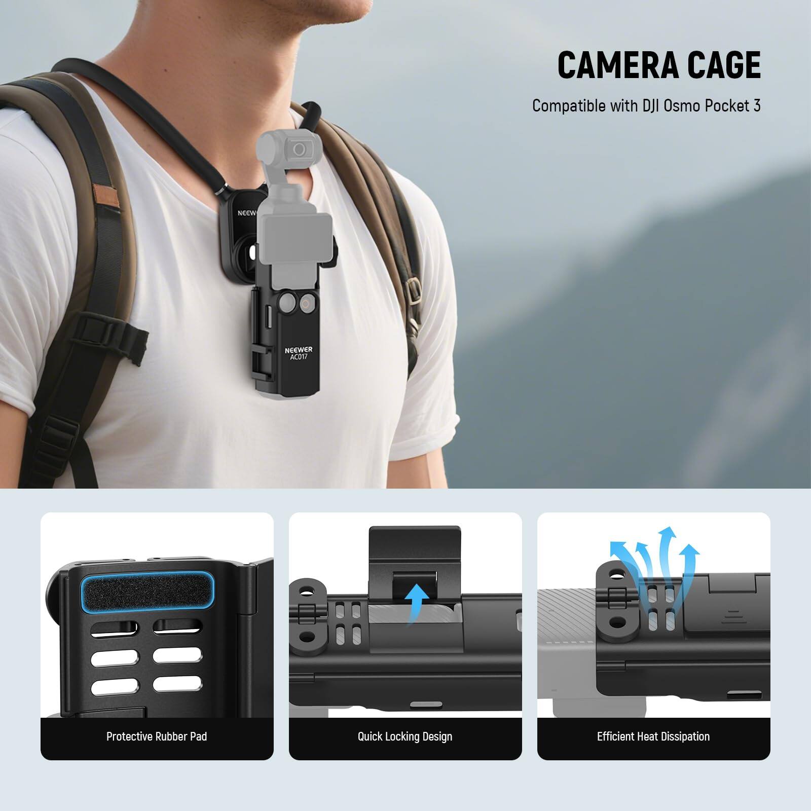 CAMERA CAGE  
Compatible with DJI Osmo Pocket 3  

- Protective Rubber Pad  
- Quick Locking Design  
- Efficient Heat Dissipation