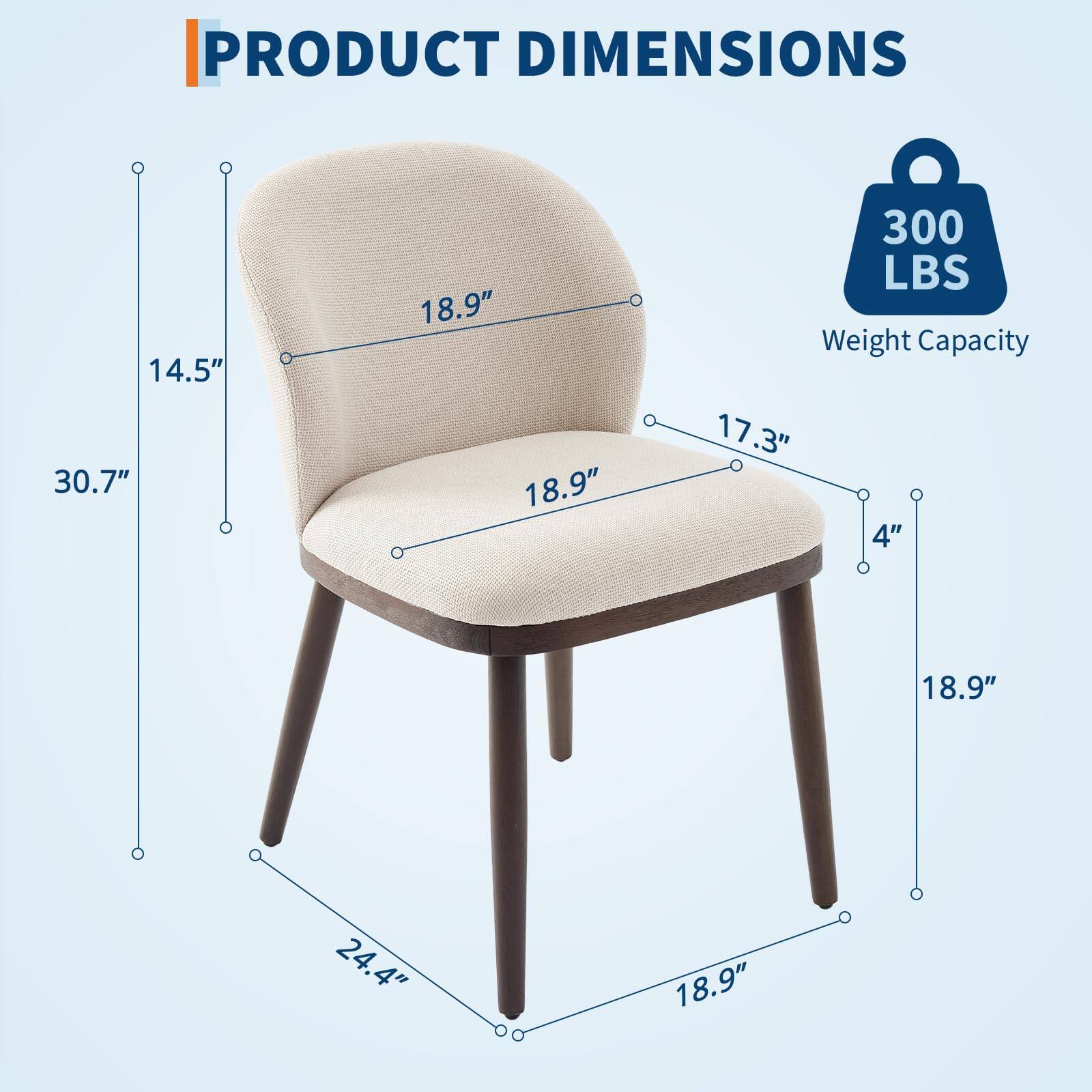 PRODUCT DIMENSIONS

- Height: 30.7"
- Width: 18.9"
- Depth: 14.5"
- Seat Height: 17.3"
- Seat Depth: 18.9"
- Armrest Height: 18.9"
- Armrest Width: 4"
- Leg Width: 18.9"
- Leg Length: 24.4"

Weight Capacity: 300 LBS